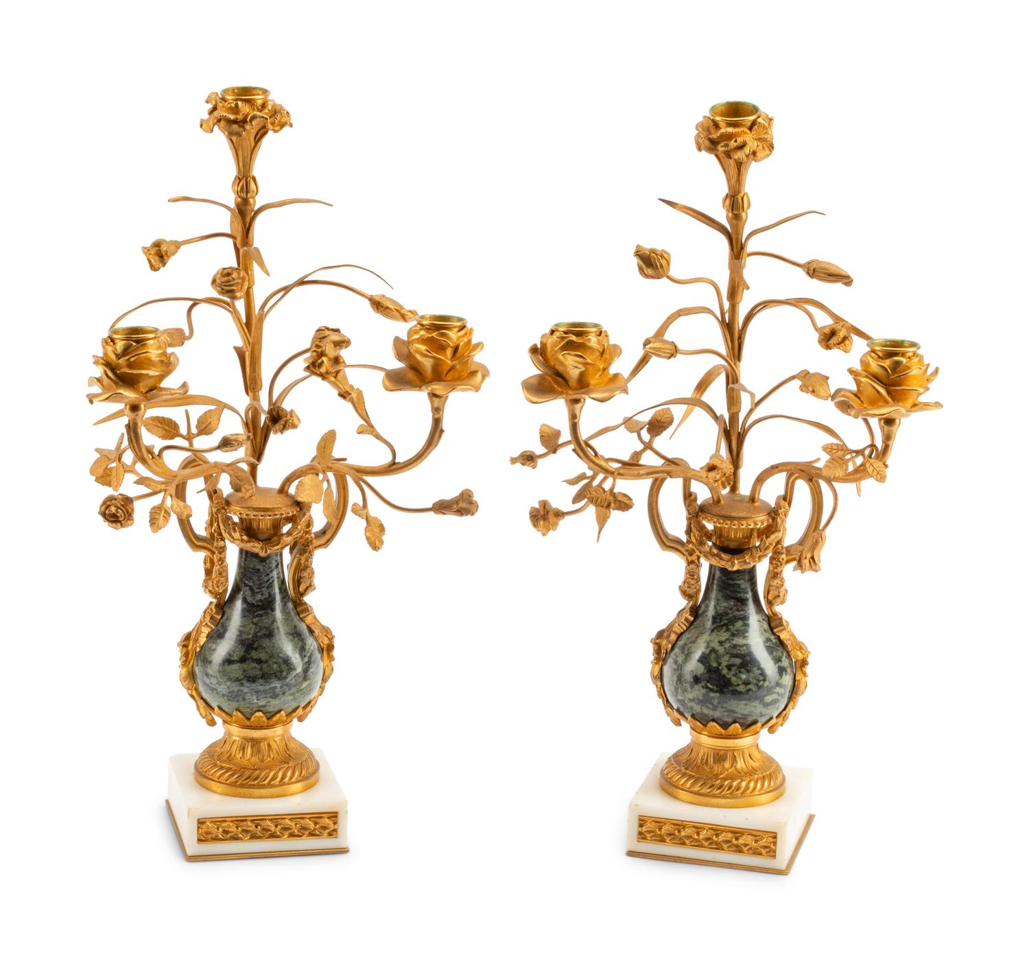 A Pair of French Gilt Bronze and Marble Three-Light Candelabra