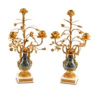 A Pair of French Gilt Bronze and Marble Three-Light Candelabra