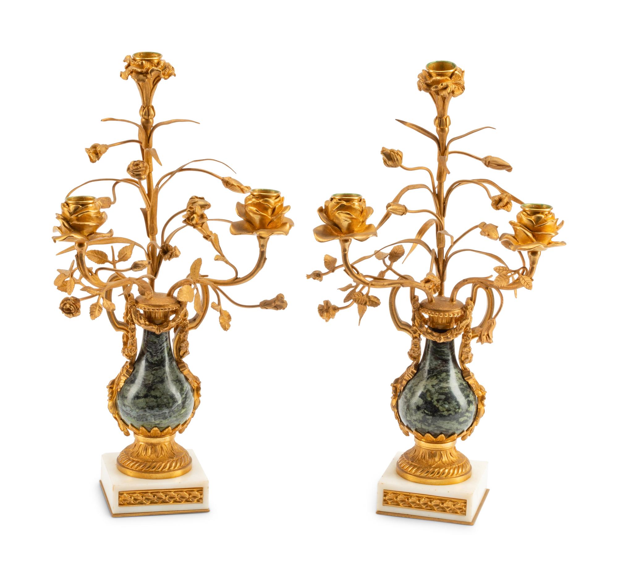 A Pair of French Gilt Bronze and Marble Three-Light Candelabra