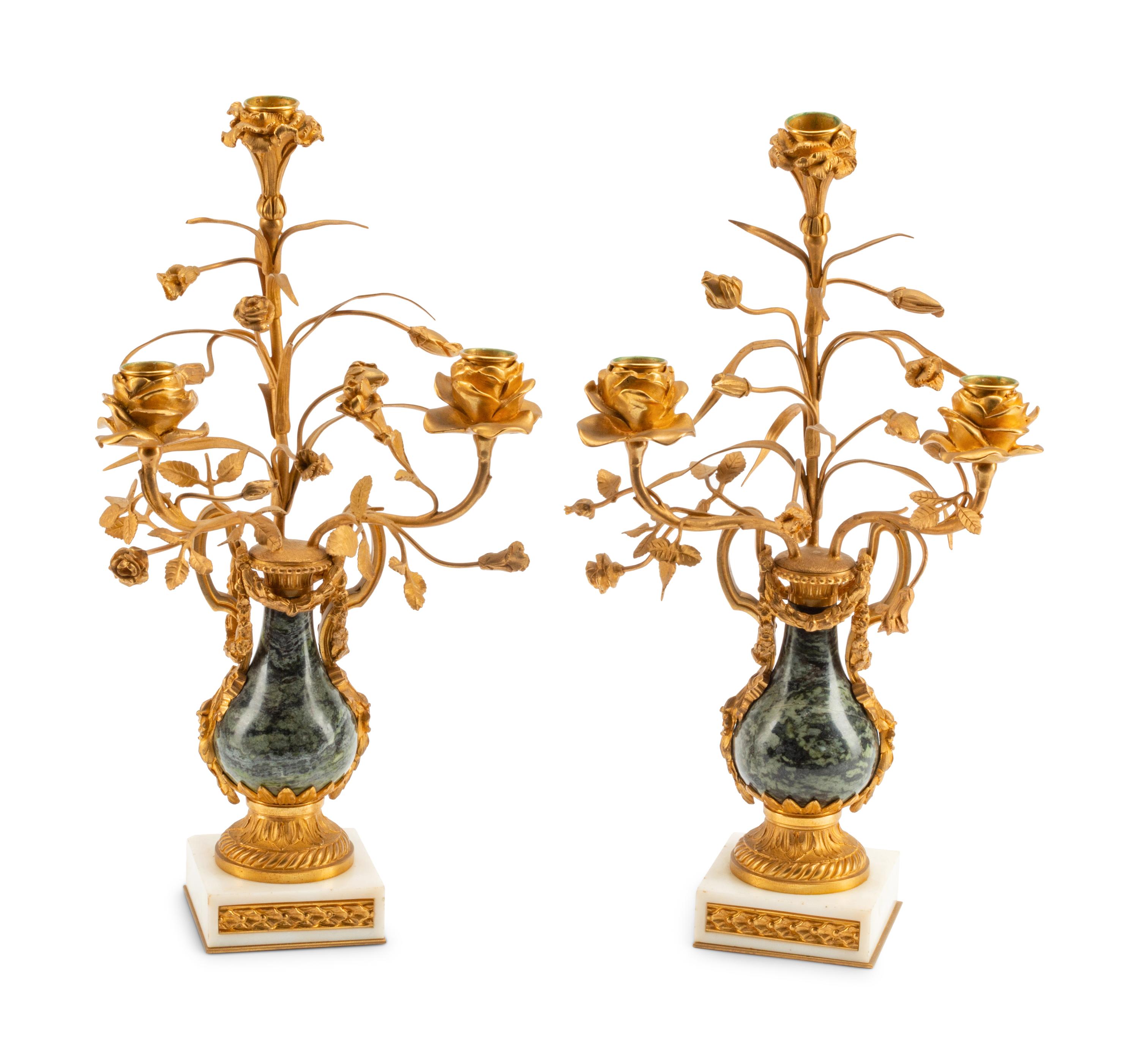 A Pair of French Gilt Bronze and Marble Three-Light Candelabra