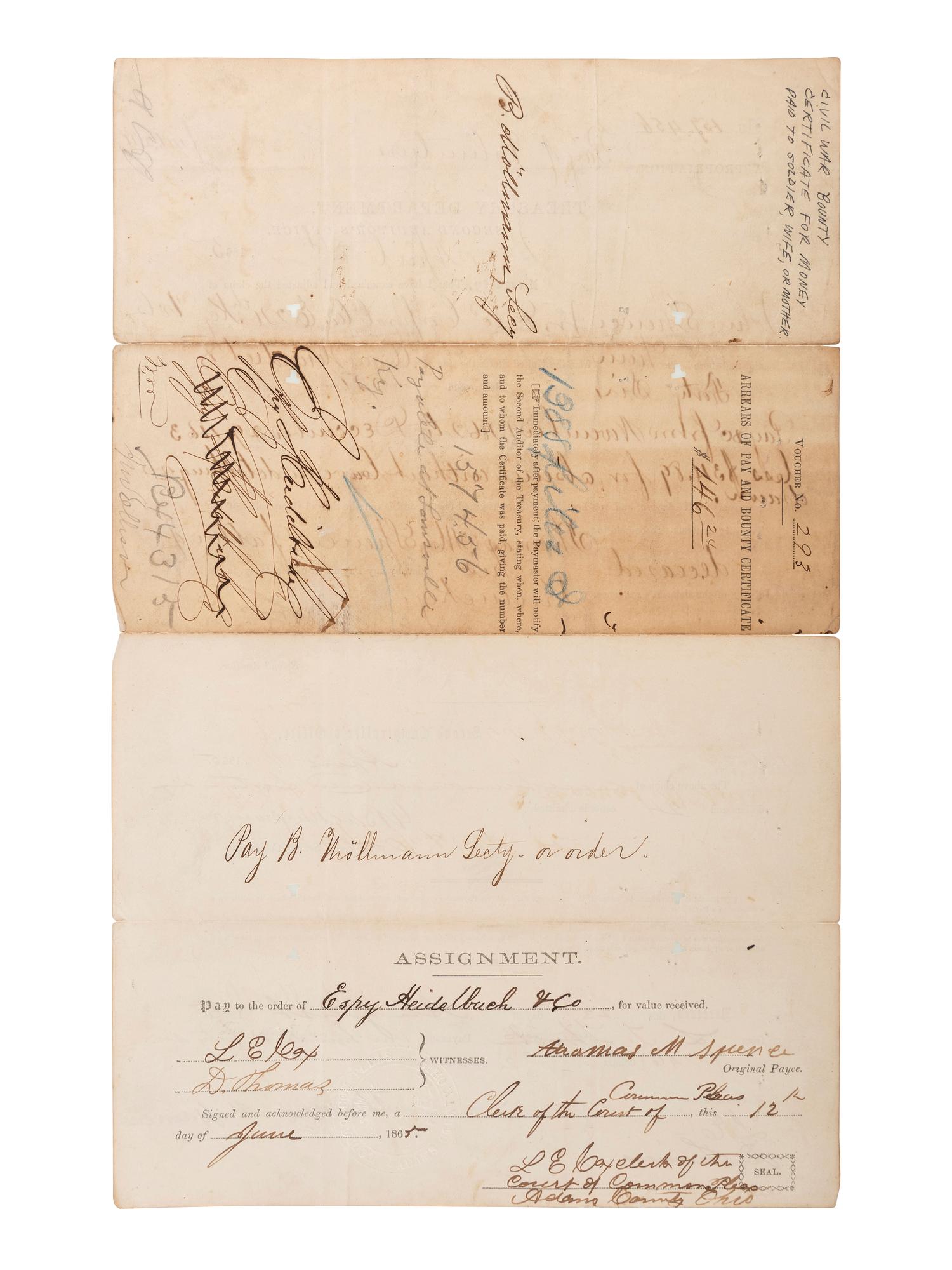 [CIVIL WAR]. A group of 5 items identified to Private Reuben Morris (3), 4th Iowa Cavalry, and John Spence, 24th Kentucky Infy., DOW, incl. photographs and documents.