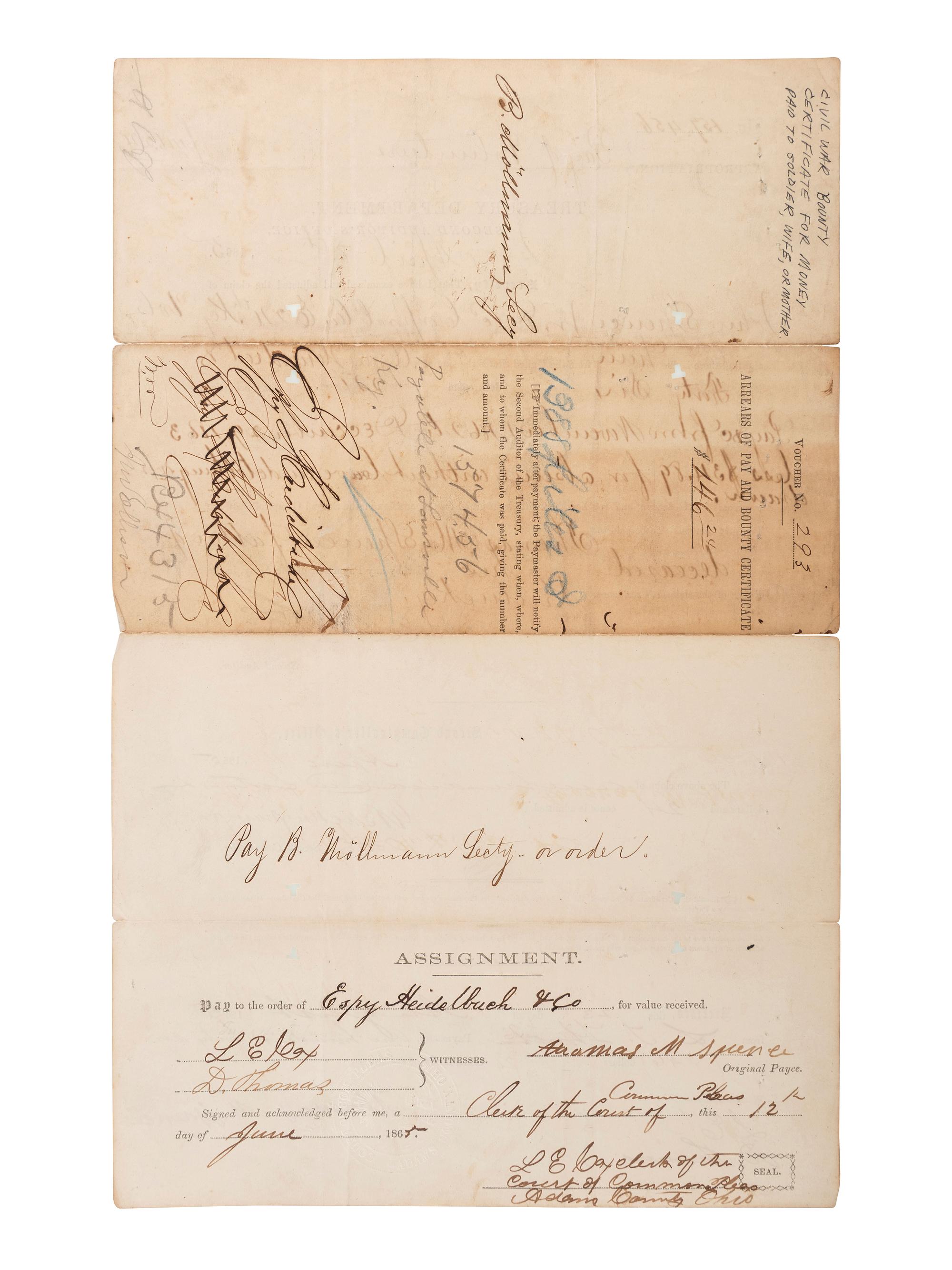 [CIVIL WAR]. A group of 5 items identified to Private Reuben Morris (3), 4th Iowa Cavalry, and John Spence, 24th Kentucky Infy., DOW, incl. photographs and documents.