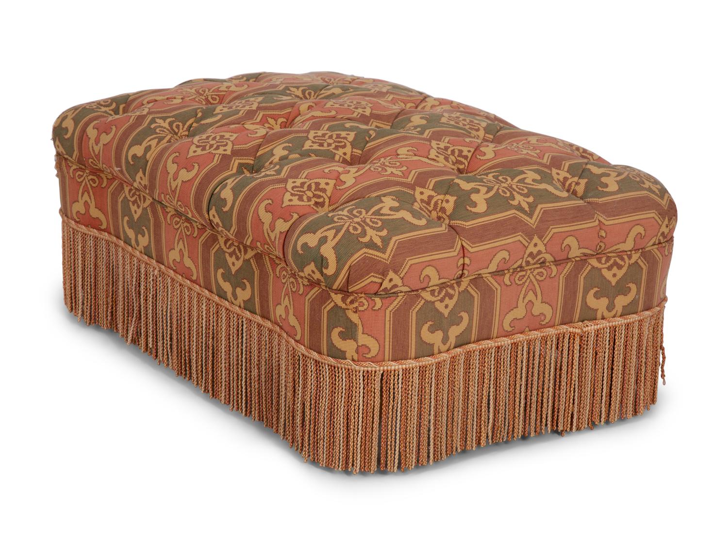 An Upholstered Button Tufted Ottoman with Skirt