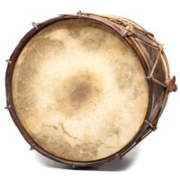 Civil War painted military snare drum featuring four drummers and officer. Manufactured by W.G. Metzerott & Co., Washington City, DC.