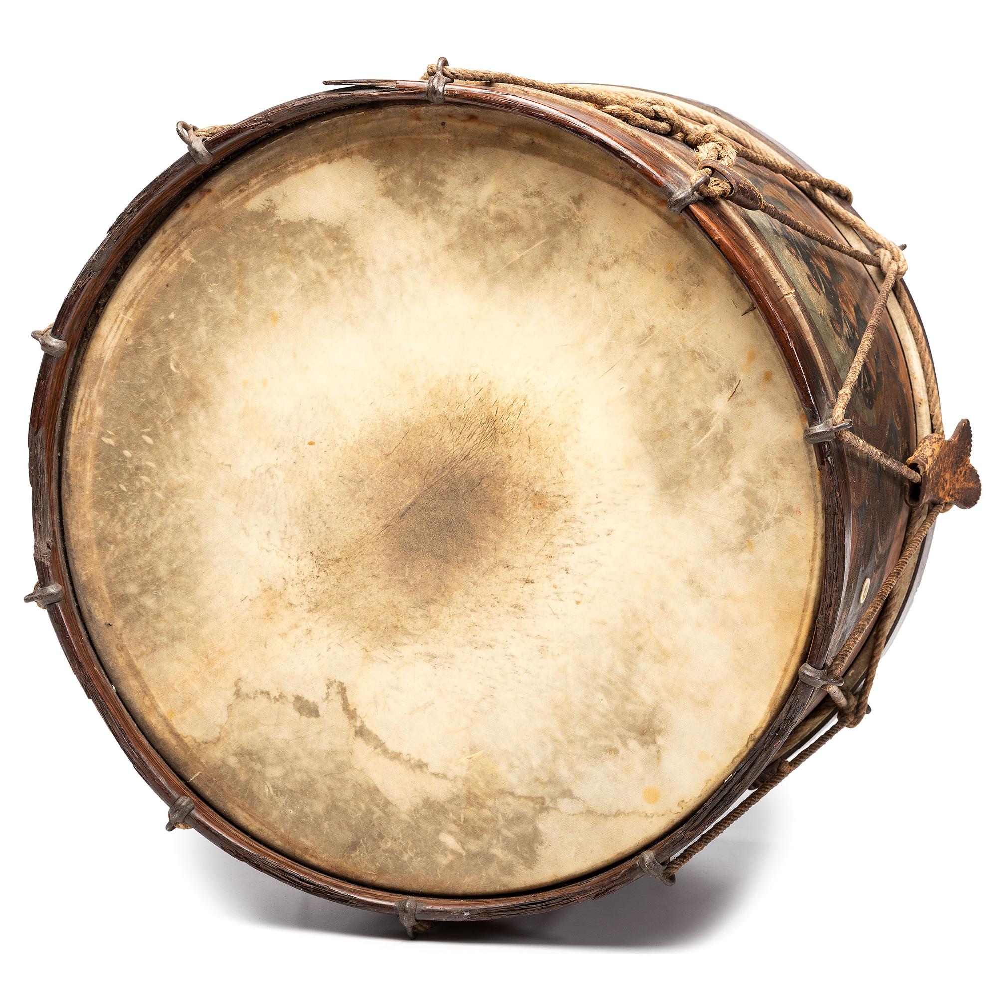 Civil War painted military snare drum featuring four drummers and officer. Manufactured by W.G. Metzerott & Co., Washington City, DC.