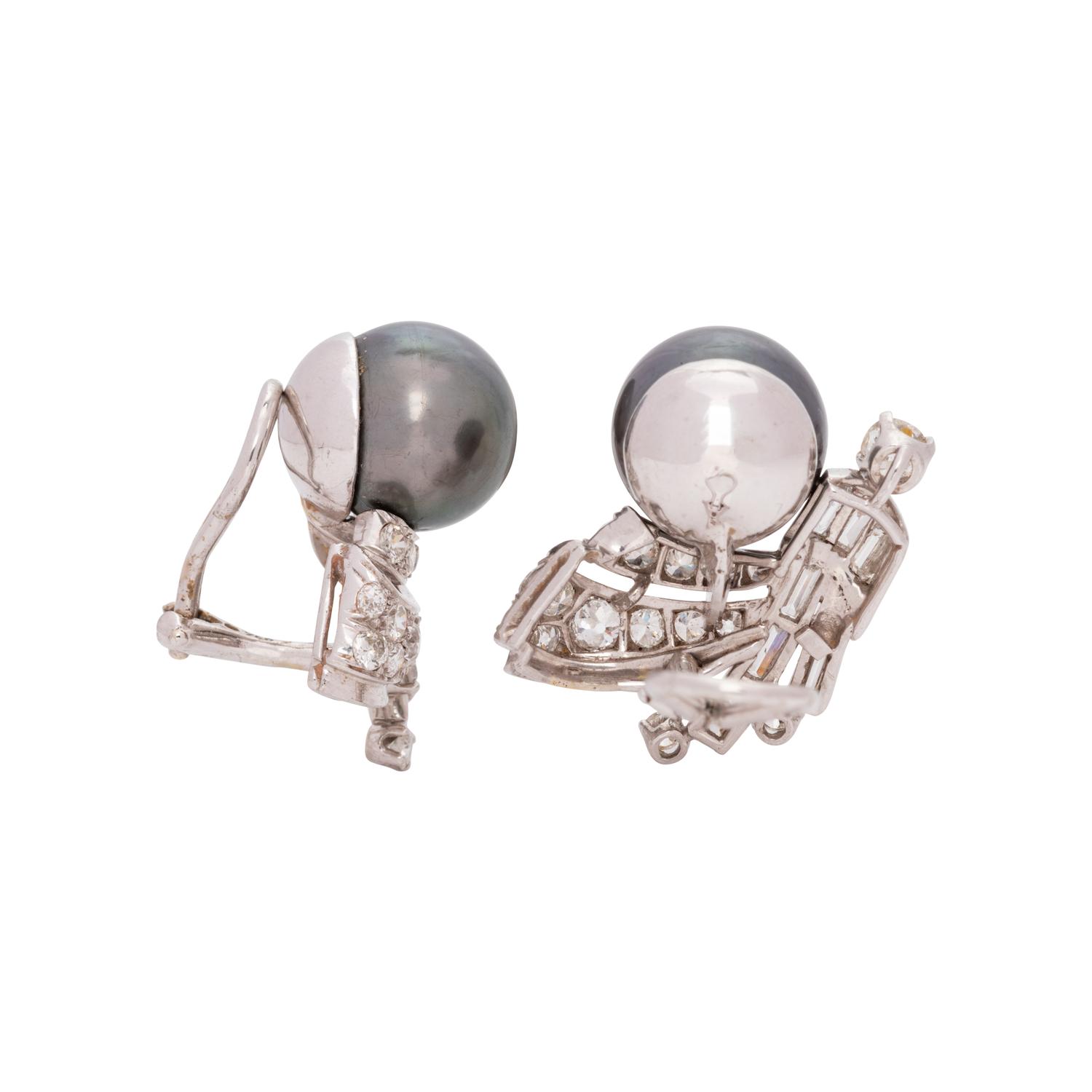 CULTURED TAHITIAN PEARL AND DIAMOND EARCLIPS
