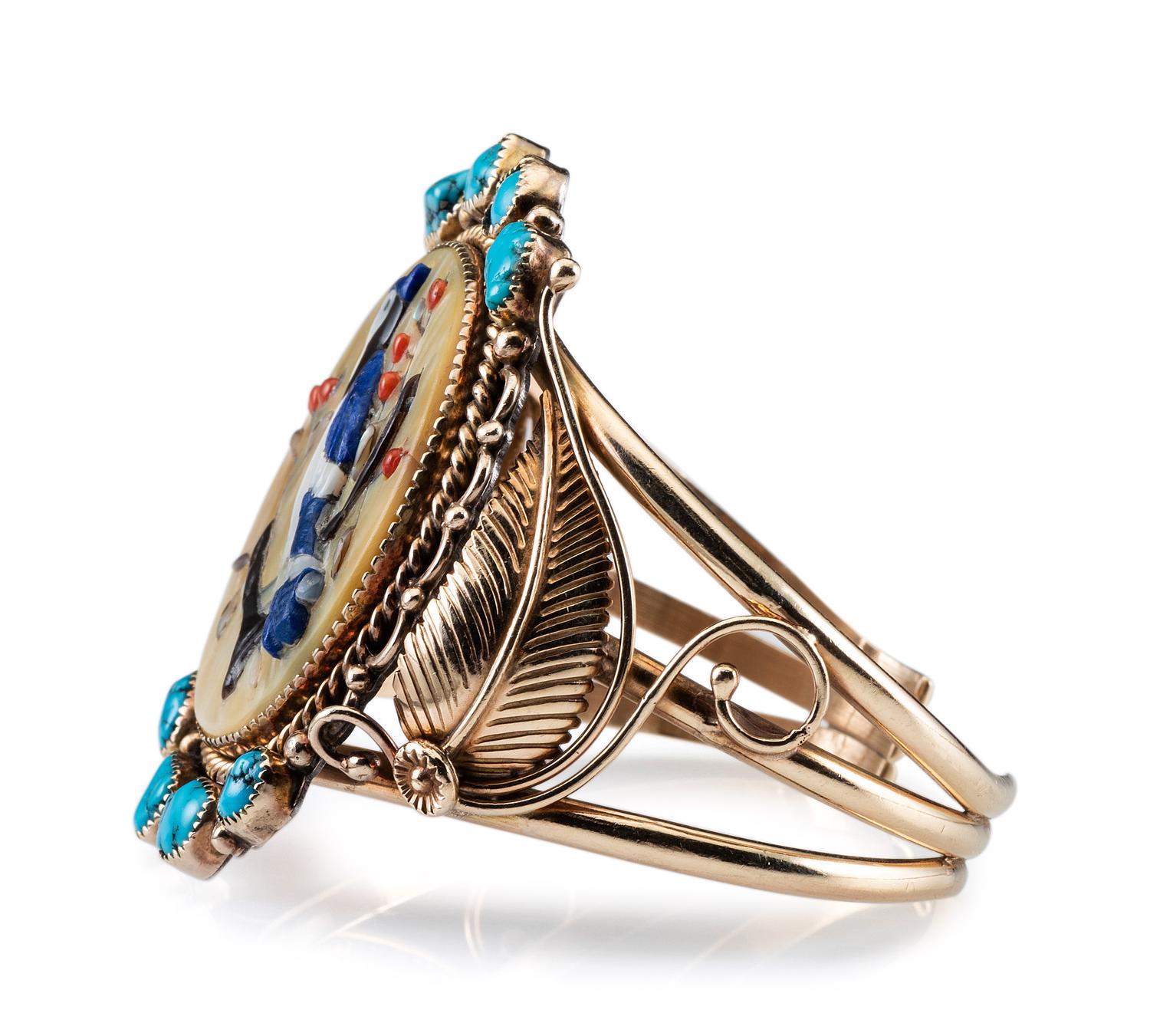14K Gold Wire Cuff Bracelet, with Blue Jay Mosaic Inlay