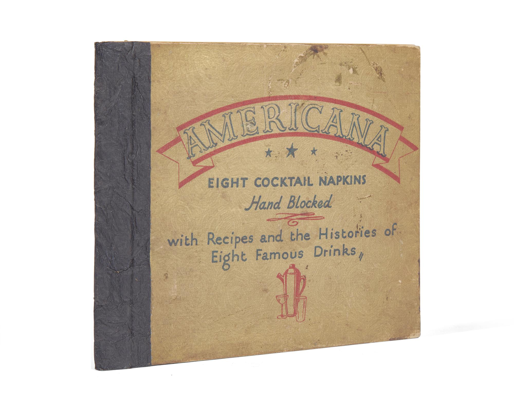 [Americana] [Prohibition] Americana Eight Cocktail Napkins Hand Blocked with Recipes and the Histories of Eight Famous Drinks