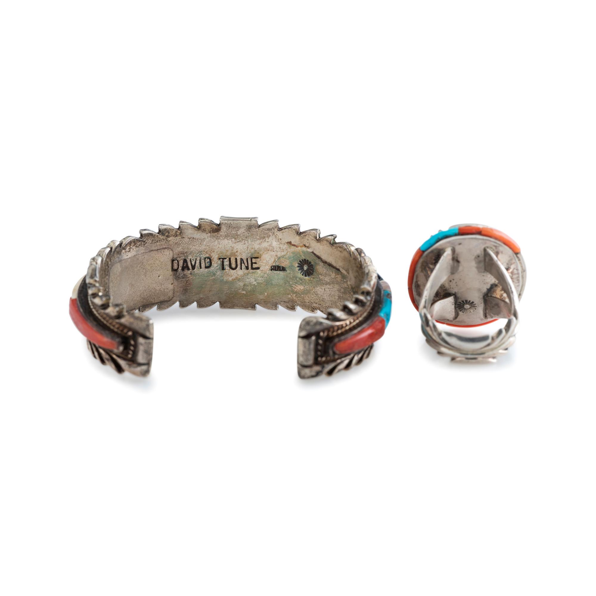 Silver and Cobblestone Inlay Cuff Bracelet and Ring Set