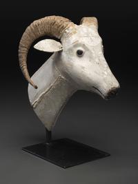 A Folk Art Carved and Painted Wood Ram's Head