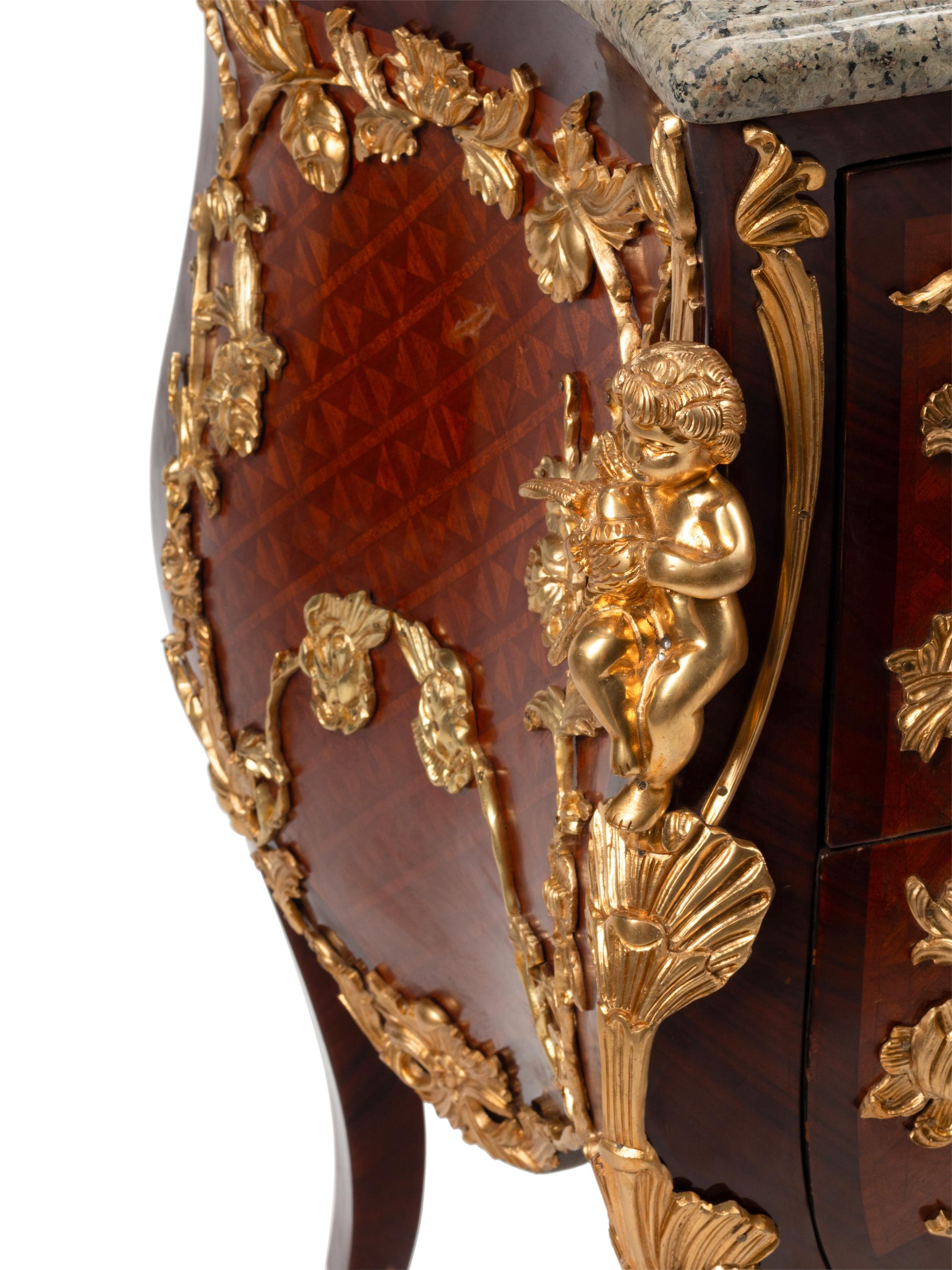 A Louis XV Style Gilt Bronze Mounted Parquetry Marble-Top Commode After the Model by Charles Cressent