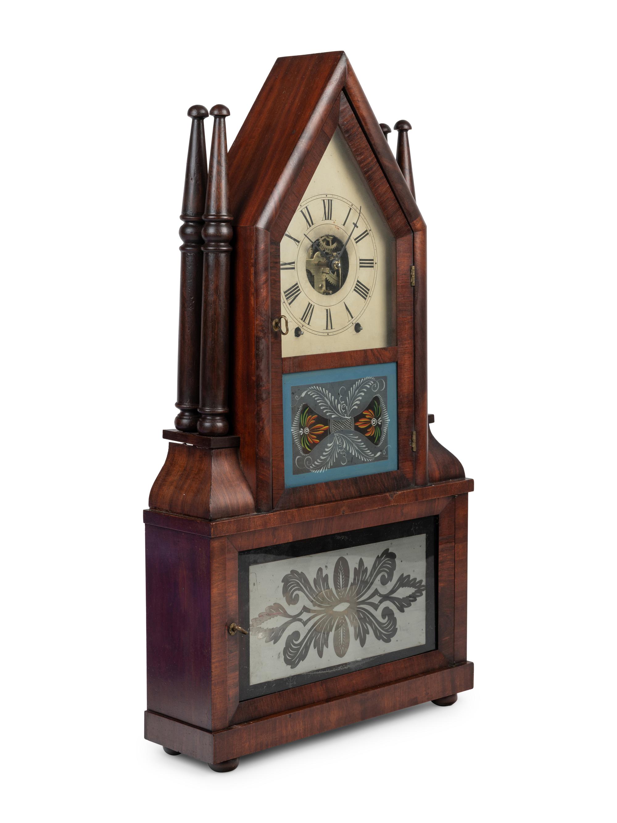 An American Mahogany and Reverse Painted Glass Mantel Clock