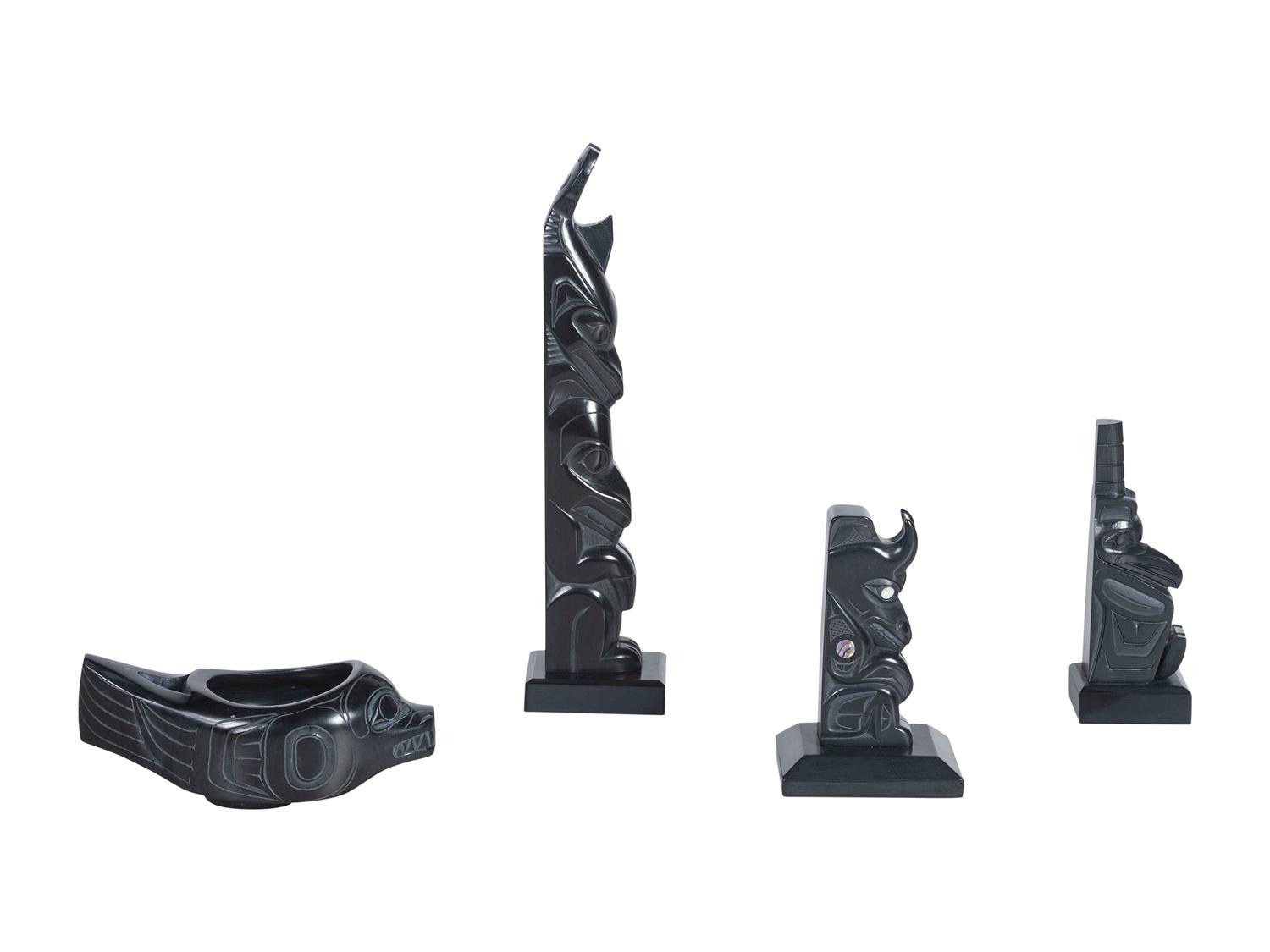Carved Argillite Totems and Bowl