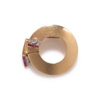 RETRO, YELLOW GOLD, DIAMOND AND RUBY BROOCH