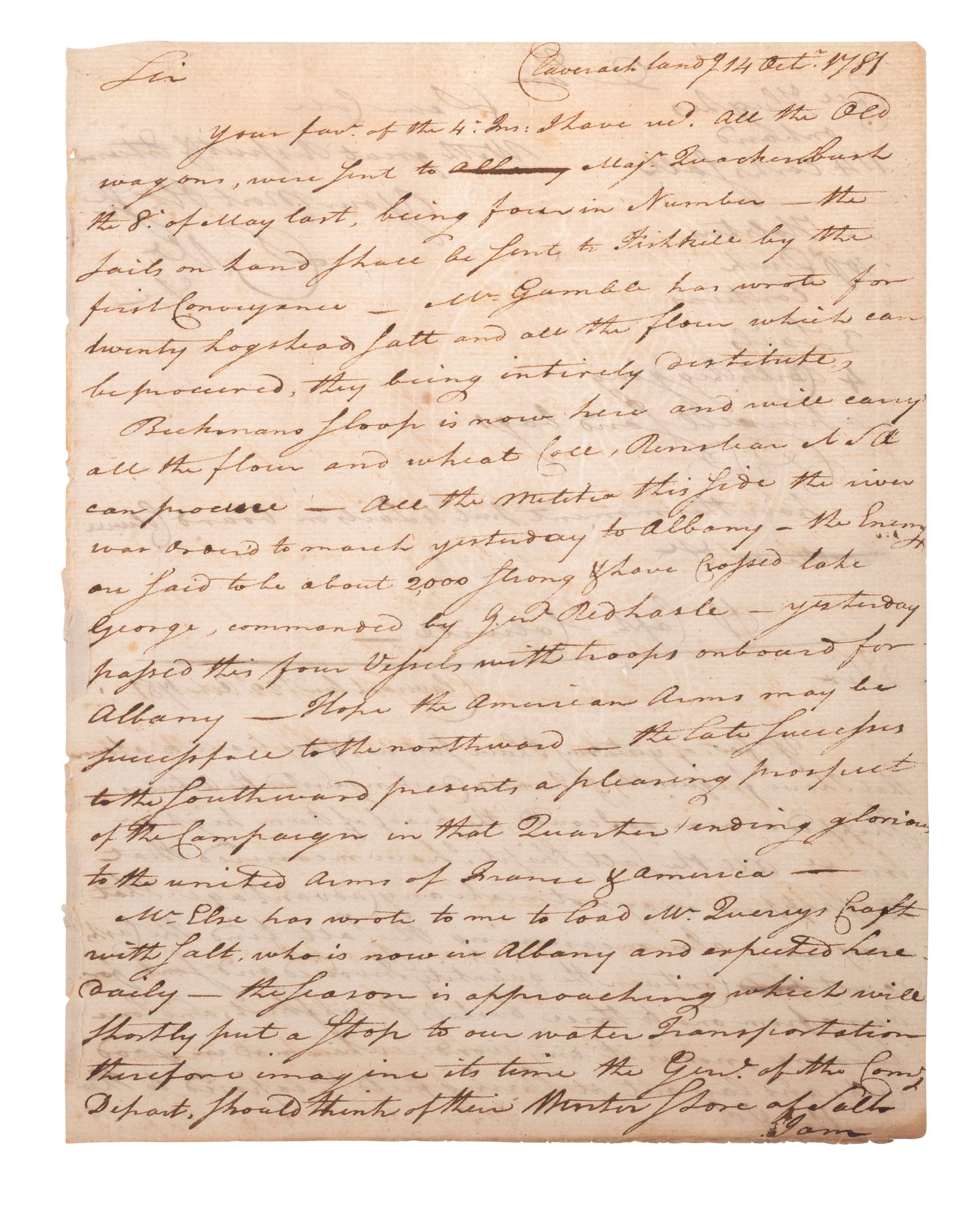 [REVOLUTIONARY WAR]. Manuscript document signed ("D.M."?), to Captain Colville? Claverack, NY, 22 October 1781.