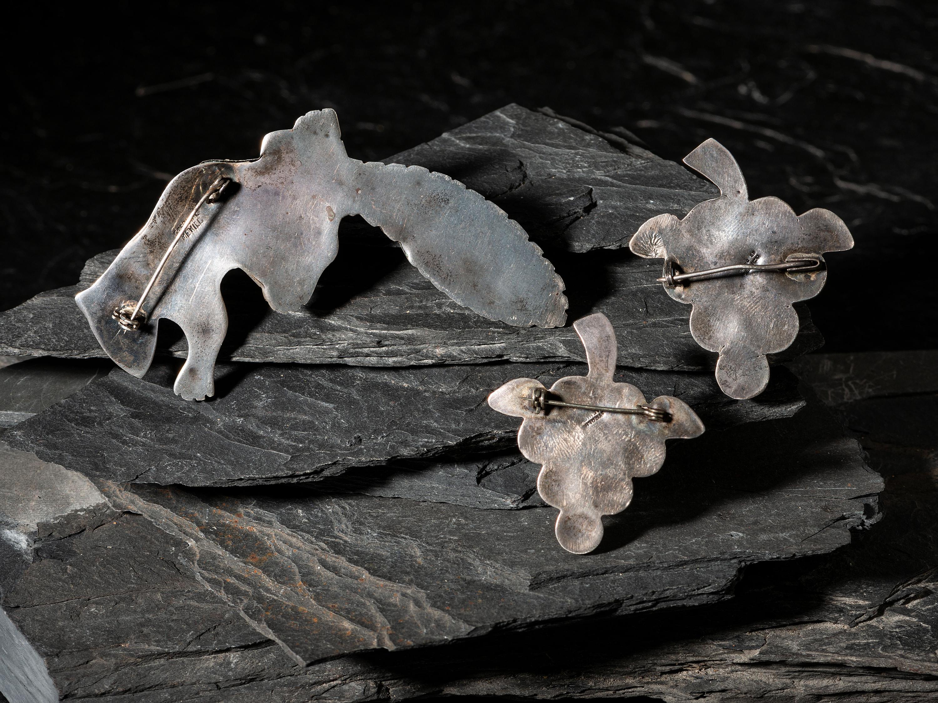 Taxco Sterling Silver Squirrel and Grape Cluster Pins / Brooches