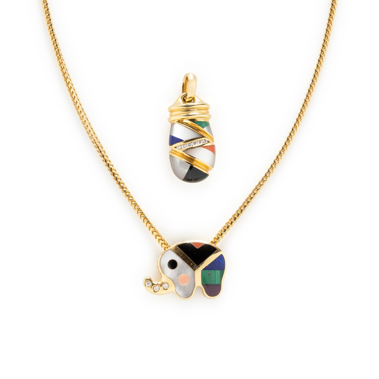 ASCH GROSSBARDT, YELLOW GOLD AND MULTIGEM PENDANTS