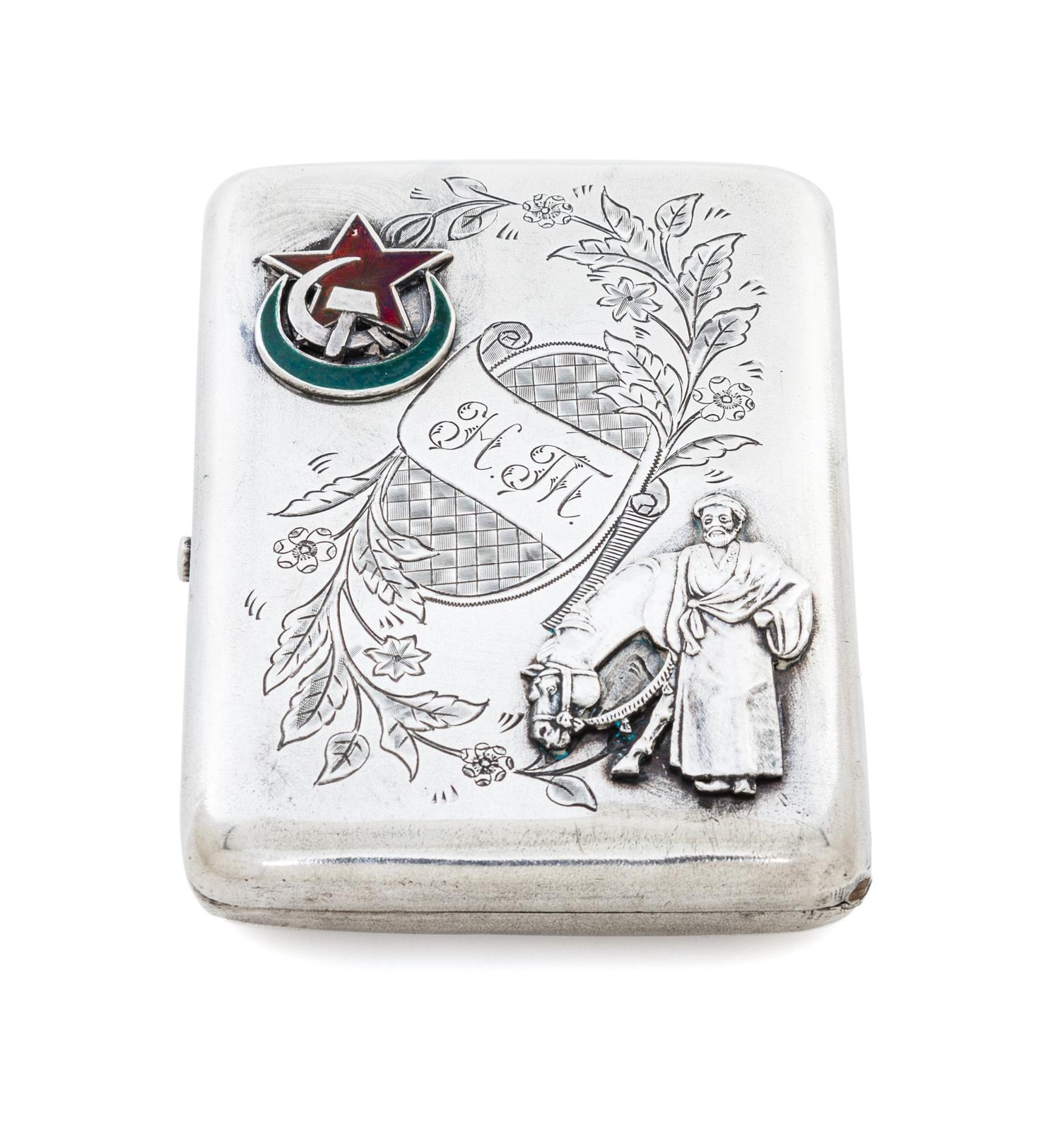 A Russian Silver and Enamel Cigarette Case, Mark of Sergei Nazarov, Assay Mark of Ivan Lebedkin, Moscow, Early 20th Century, the hinged