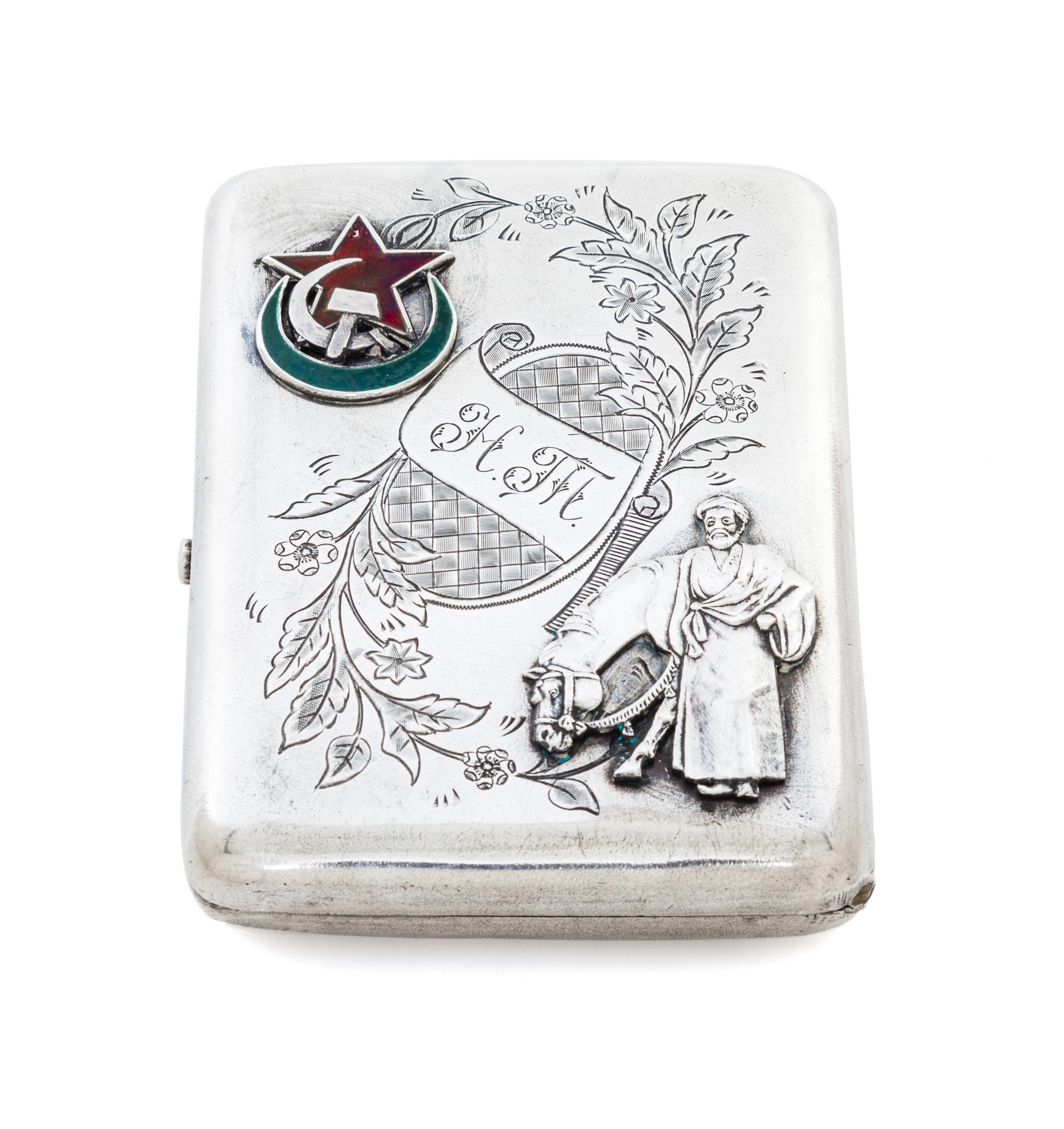 A Russian Silver and Enamel Cigarette Case, Mark of Sergei Nazarov, Assay Mark of Ivan Lebedkin, Moscow, Early 20th Century, the hinged