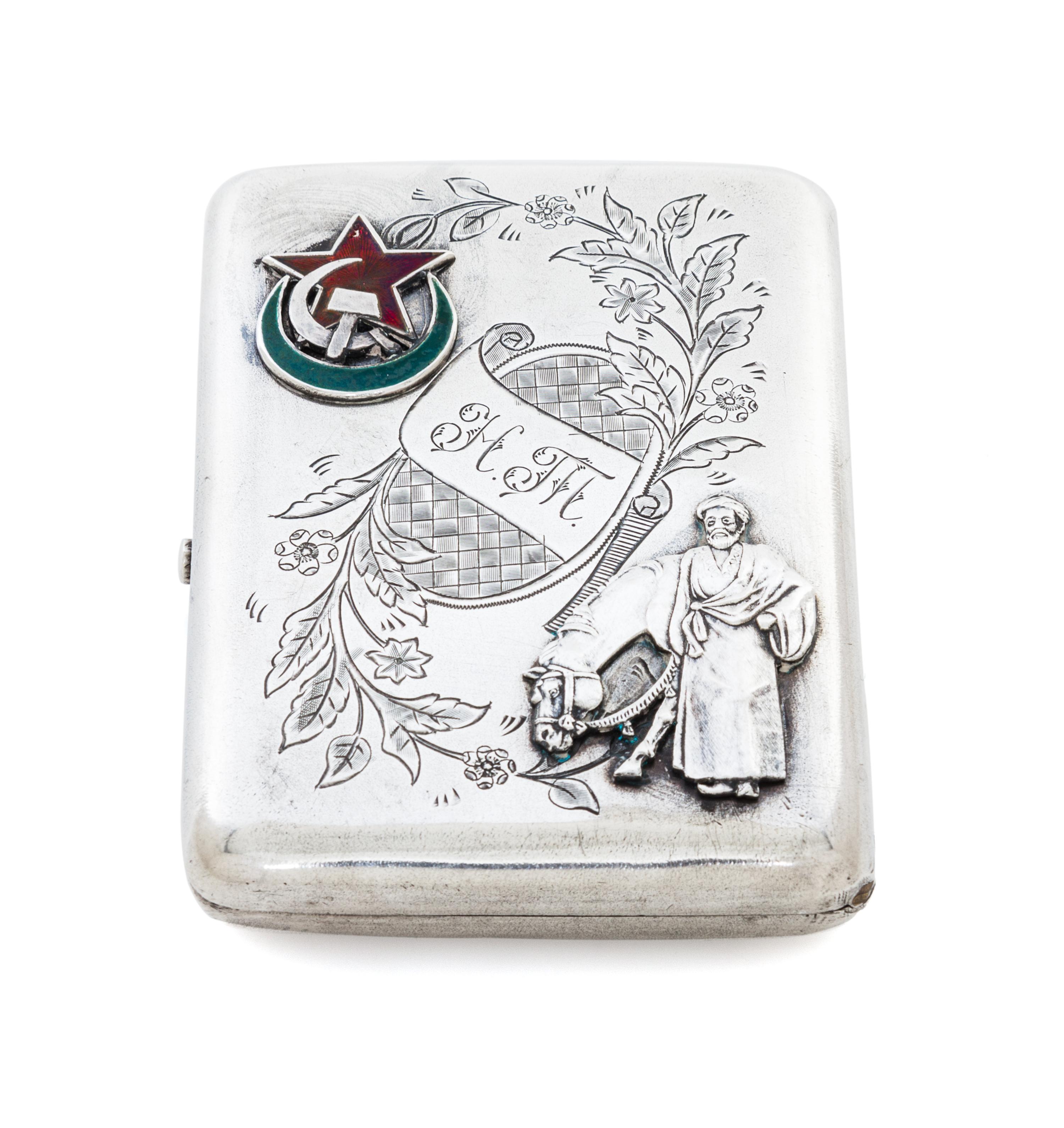 A Russian Silver and Enamel Cigarette Case, Mark of Sergei Nazarov, Assay Mark of Ivan Lebedkin, Moscow, Early 20th Century, the hinged