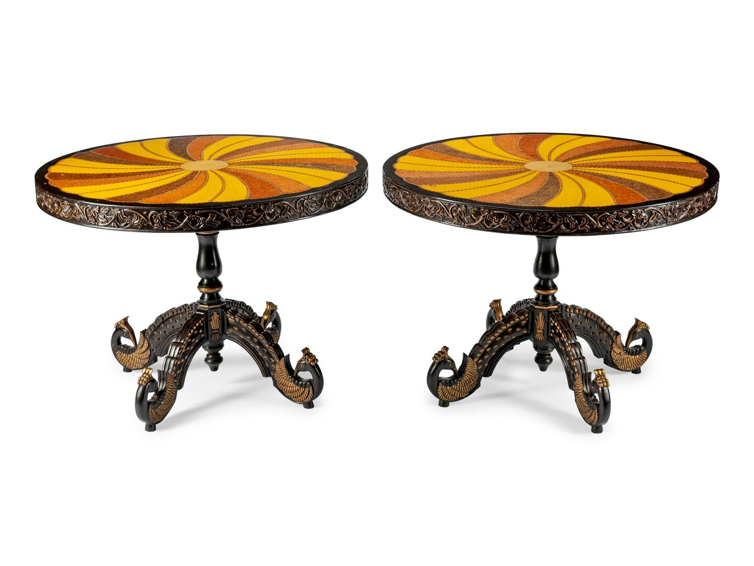 A Pair of Anglo-Indian Style Inlaid and Part-Ebonized Pedestal Tables