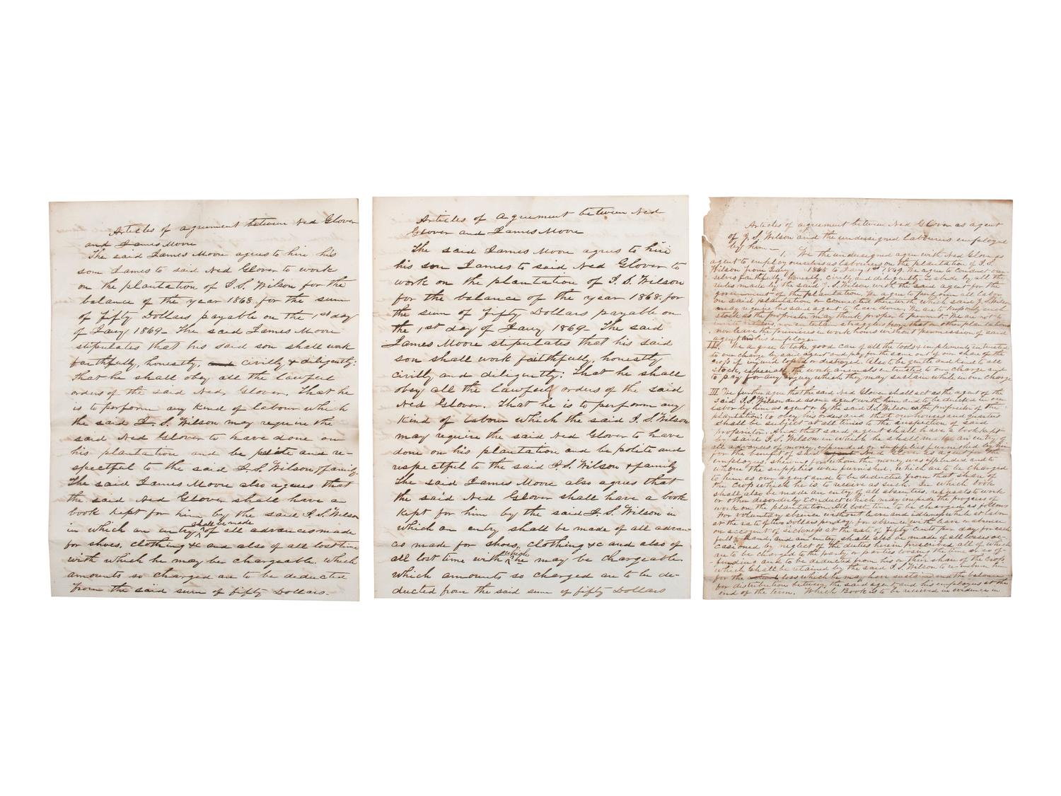 [SLAVERY & ABOLITION] -- [RECONSTRUCTION]. Labor contracts, "Rules & Regulations," and other documents associated with freedmen working on the South Carolina plantation of John S. Wilson, 1865-1868.