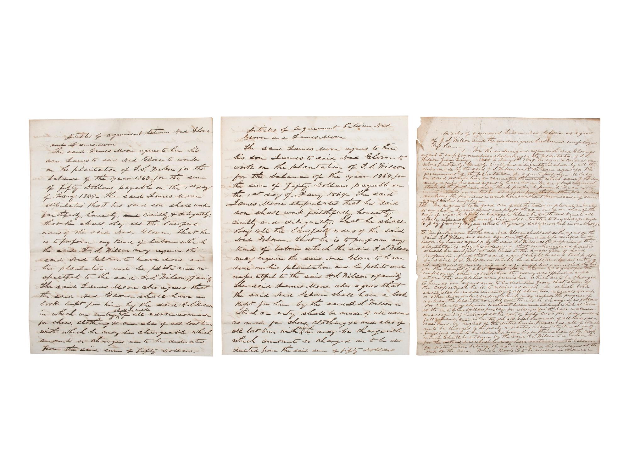 [SLAVERY & ABOLITION] -- [RECONSTRUCTION]. Labor contracts, "Rules & Regulations," and other documents associated with freedmen working on the South Carolina plantation of John S. Wilson, 1865-1868.