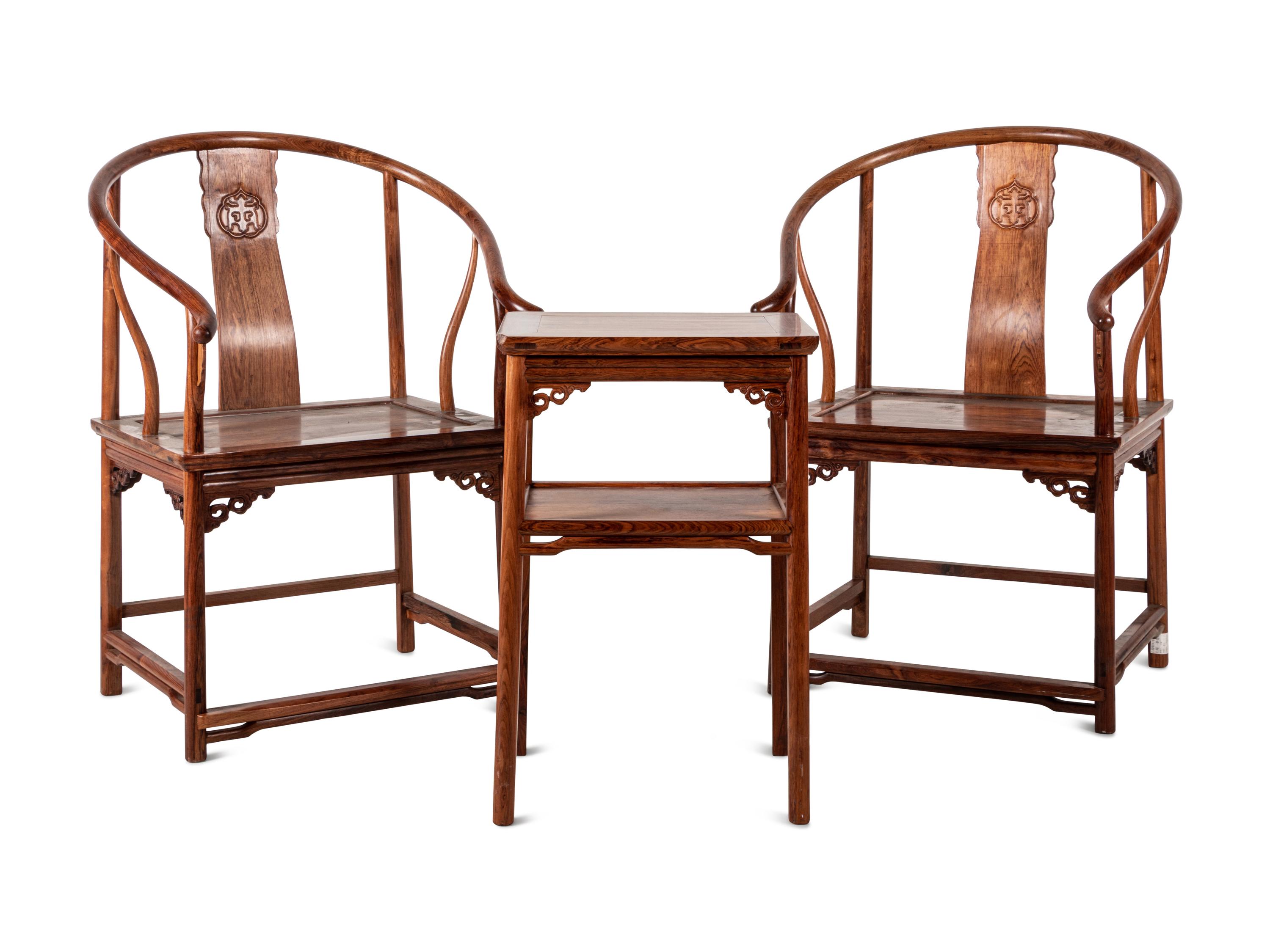 A Set of Chinese Horseshoe-Back Armchairs and Side Table, Quanyi