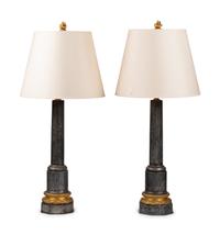 A Pair of French Gilt Bronze and Steel Columnar Lamps
