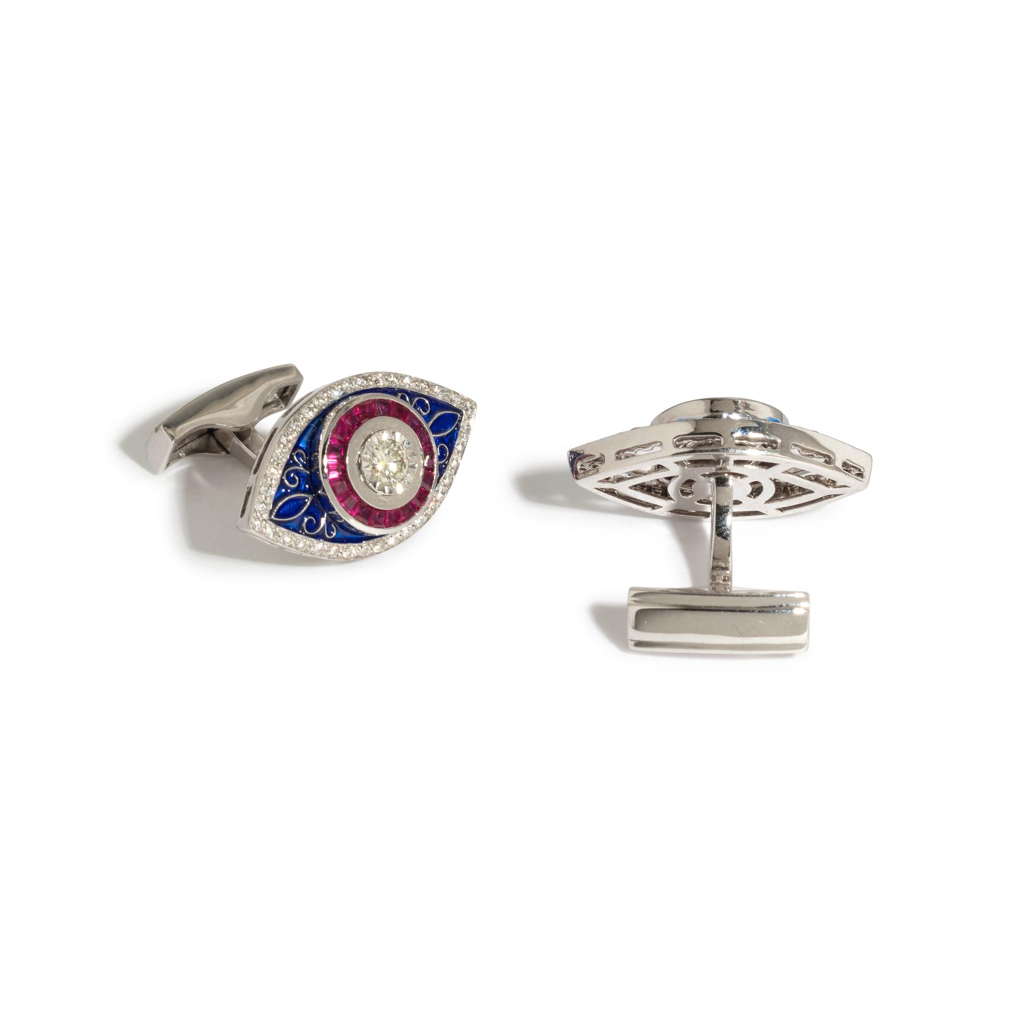DIAMOND, RUBY AND ENAMEL CUFFLINKS