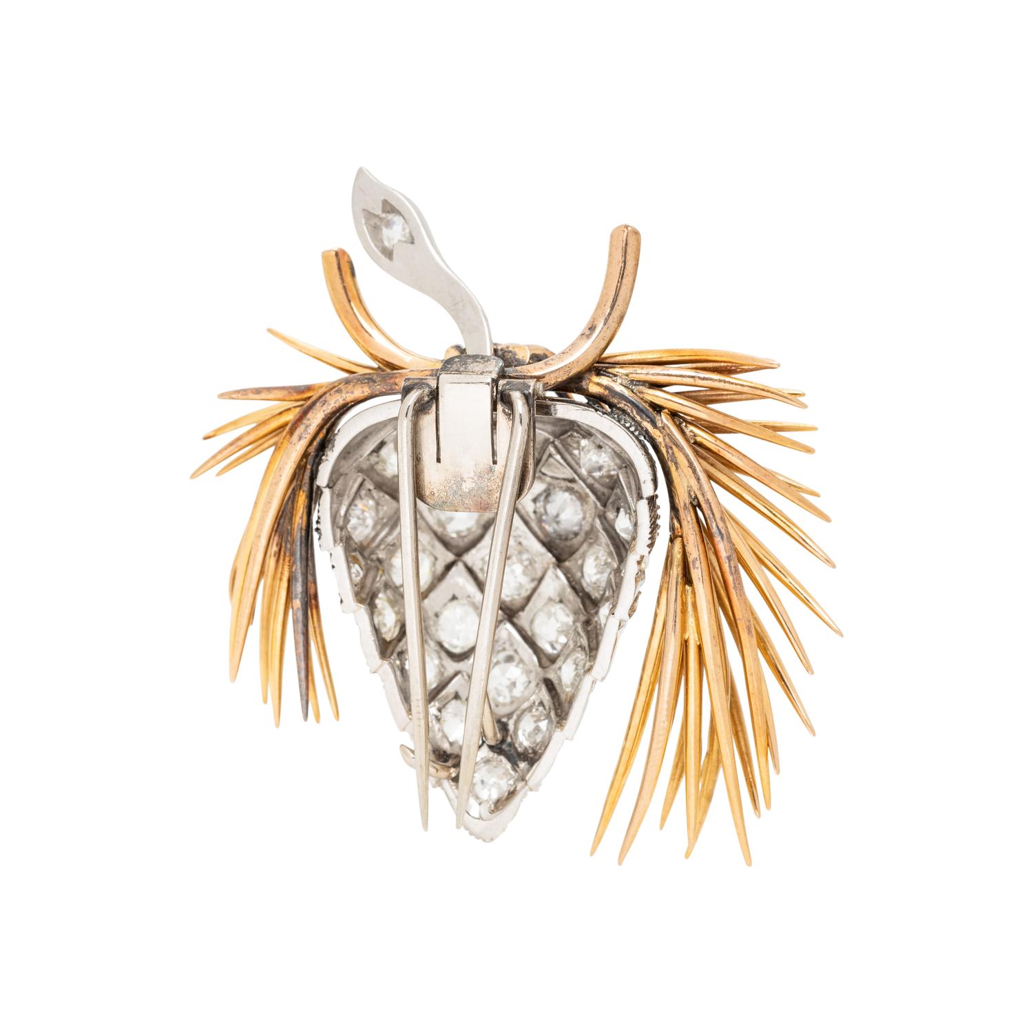 YELLOW GOLD, PLATINUM, AND DIAMOND PINECONE BROOCH