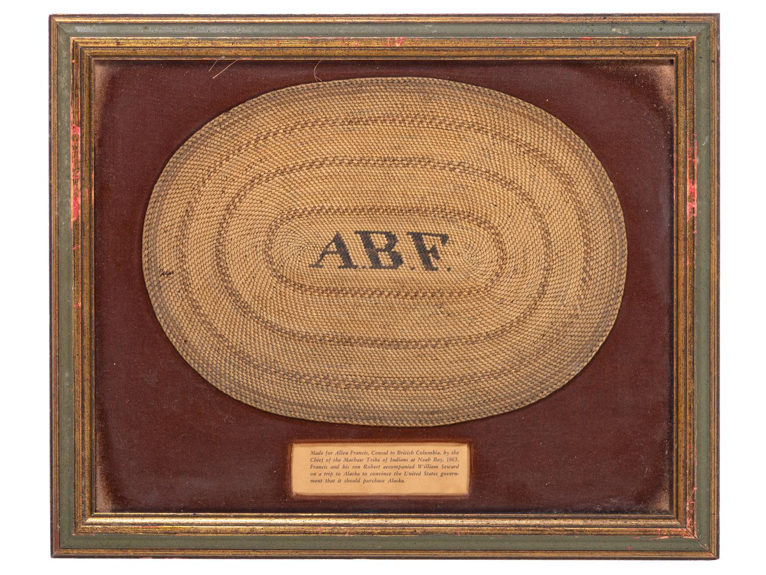 [ALASKA PURCHASE]. Two woven mats presented to Wm. Henry Seward and Allen B. Francis, US Consul to British Columbia by the Chief of the Makah tribe at Neah Bay in 1865.