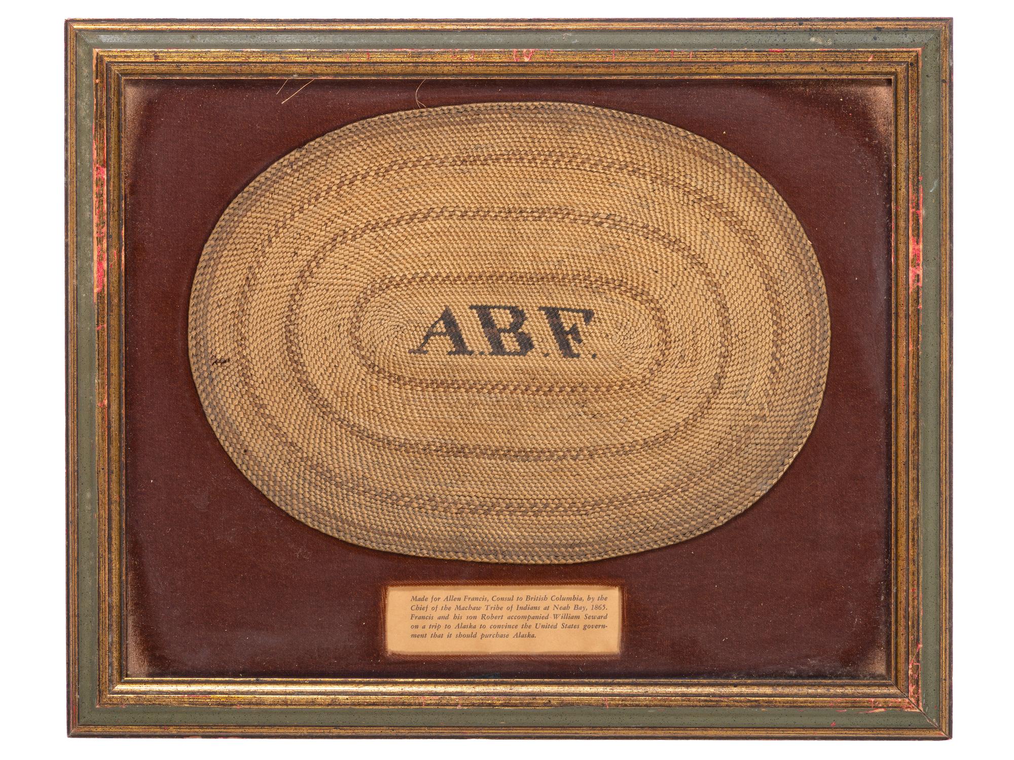 [ALASKA PURCHASE]. Two woven mats presented to Wm. Henry Seward and Allen B. Francis, US Consul to British Columbia by the Chief of the Makah tribe at Neah Bay in 1865.
