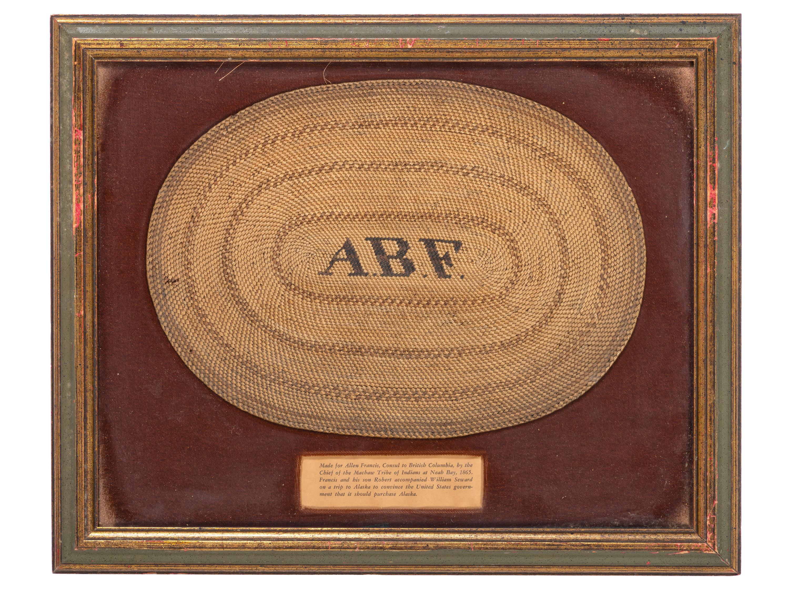 [ALASKA PURCHASE]. Two woven mats presented to Wm. Henry Seward and Allen B. Francis, US Consul to British Columbia by the Chief of the Makah tribe at Neah Bay in 1865.
