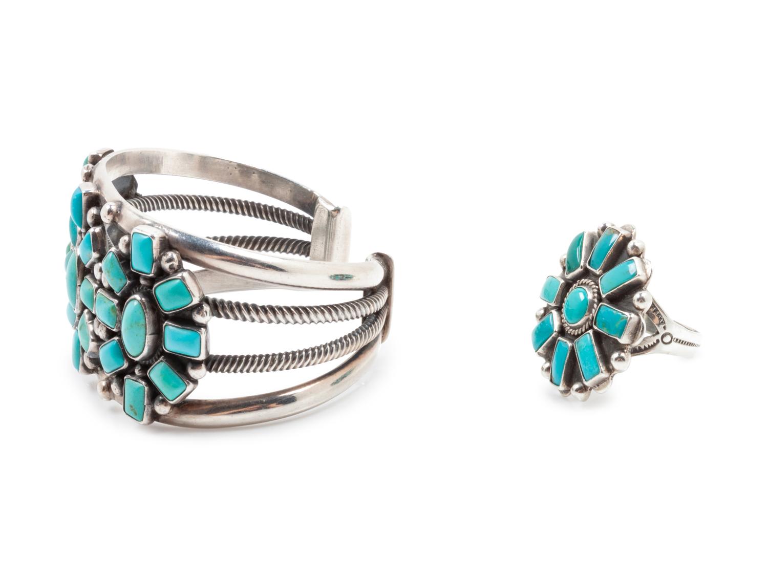 Silver and Turquoise Bracelet, together with ring by Frederico Jemenez (Mexican, b. 1941)
