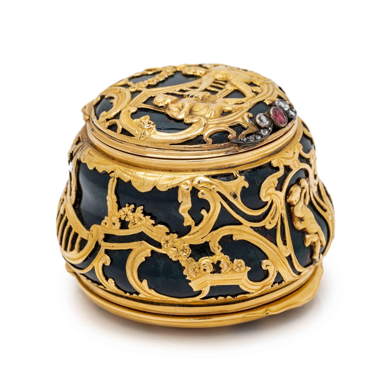 A George III Gold and Jewel Mounted Carved Bloodstone Clock-Inset Snuff Box