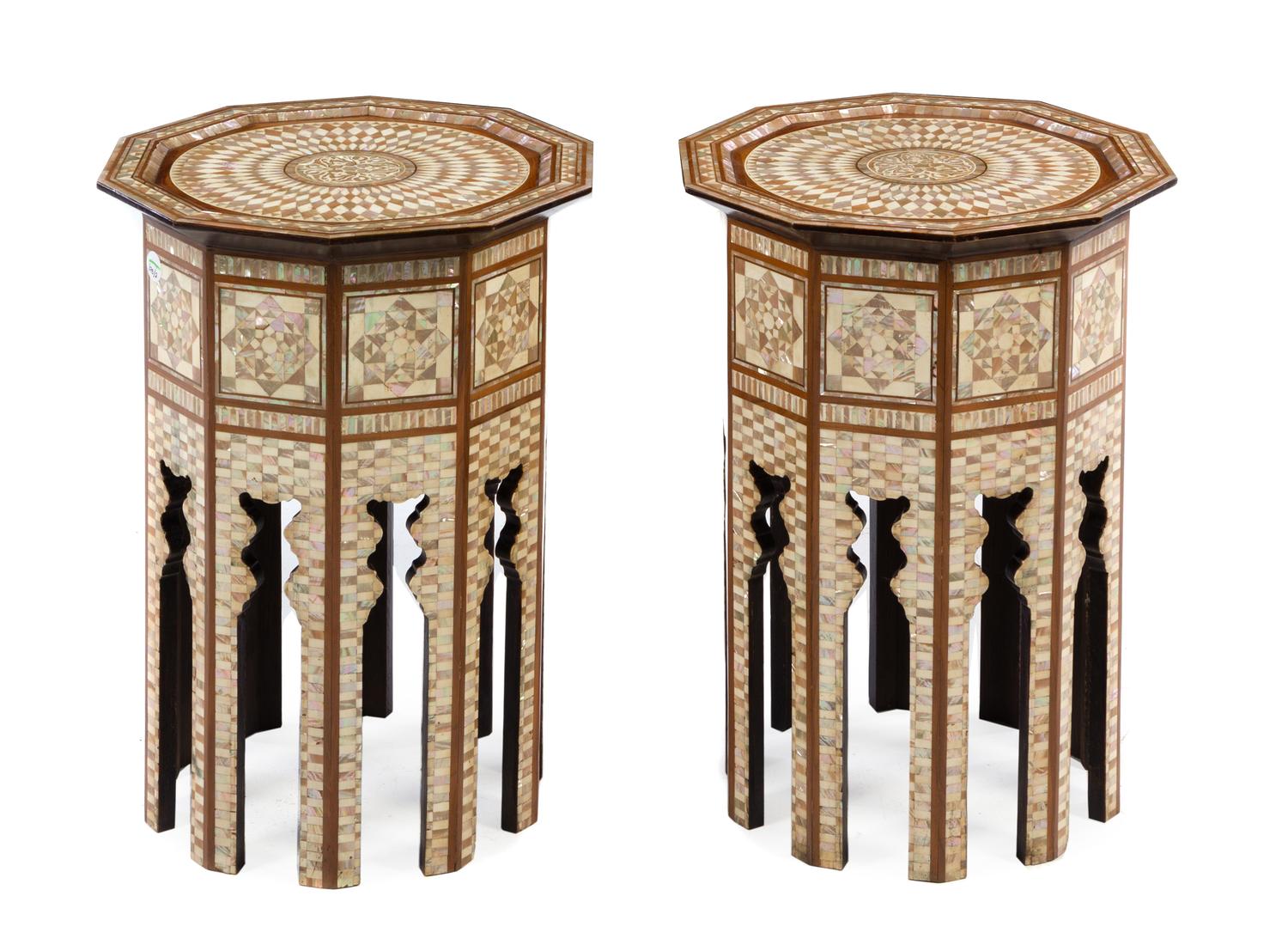 A Pair of Syrian Mother-of-Pearl Inlaid Tables Height 22 x diameter of top 16 inches. — 20TH CENTURY