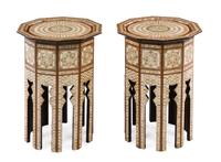 A Pair of Syrian Mother-of-Pearl Inlaid Tables Height 22 x diameter of top 16 inches. — 20TH CENTURY