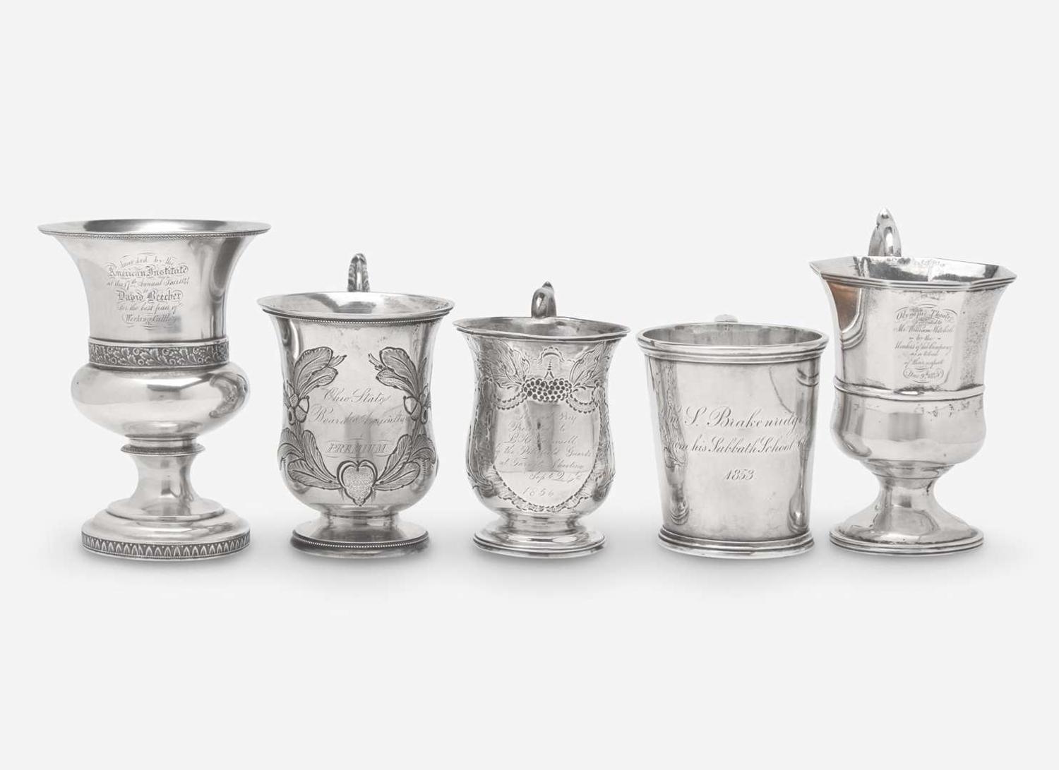 A collection of six coin silver presentation cups, Hezekiah S. Sprague (1800-1886), Newark, OH, Zalmon Stone Bostwick (1811- before 1865), New York, NY, William Adams, New York, NY, Bigelow Bros. & Kennard, Boston, MA, and others, circa 1830-1850s