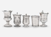 A collection of six coin silver presentation cups, Hezekiah S. Sprague (1800-1886), Newark, OH, Zalmon Stone Bostwick (1811- before 1865), New York, NY, William Adams, New York, NY, Bigelow Bros. & Kennard, Boston, MA, and others, circa 1830-1850s