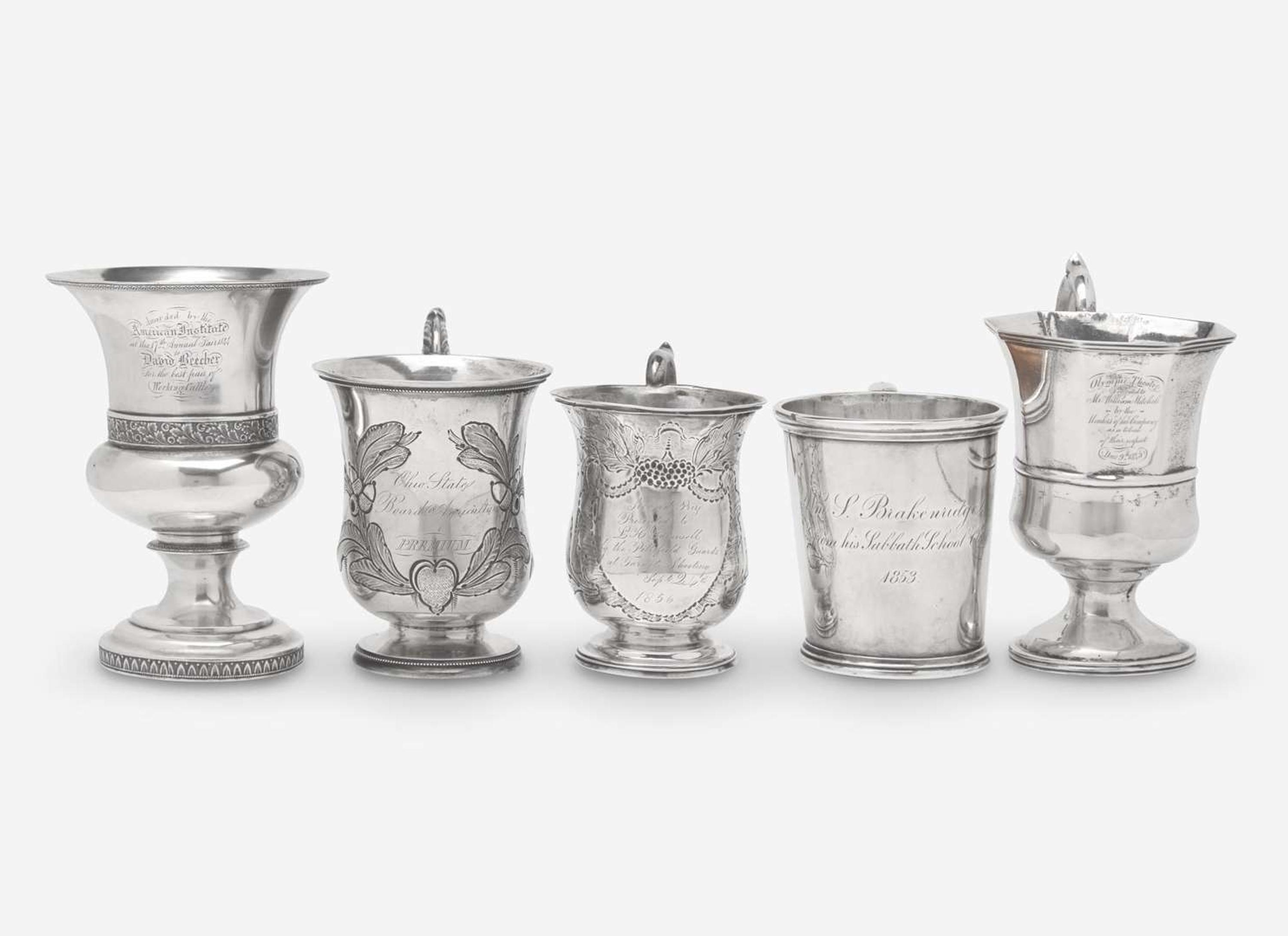 A collection of six coin silver presentation cups, Hezekiah S. Sprague (1800-1886), Newark, OH, Zalmon Stone Bostwick (1811- before 1865), New York, NY, William Adams, New York, NY, Bigelow Bros. & Kennard, Boston, MA, and others, circa 1830-1850s