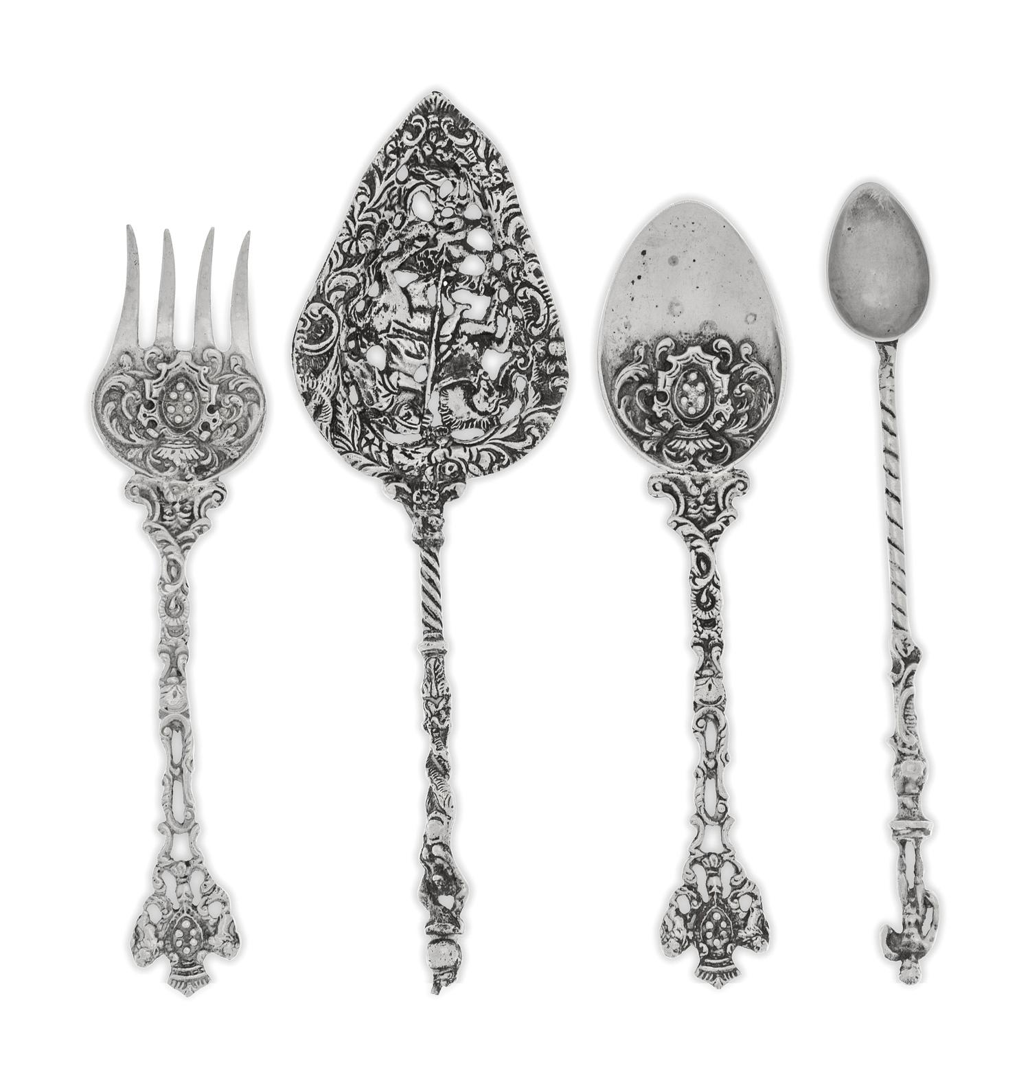 Ten Continental Silvered Metal Serving Articles