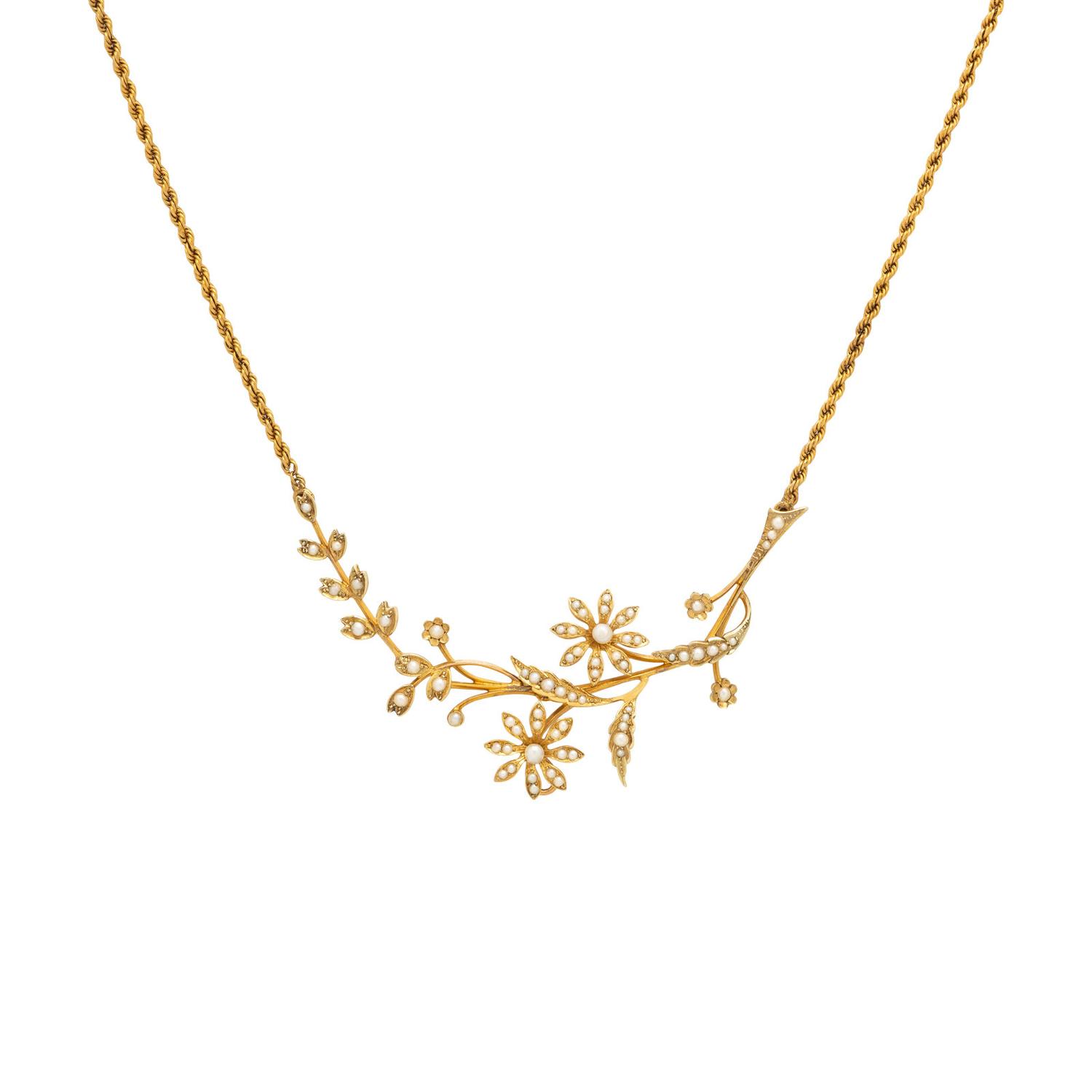 Art Nouveau, Seed Pearl and Yellow Gold Flower Necklace