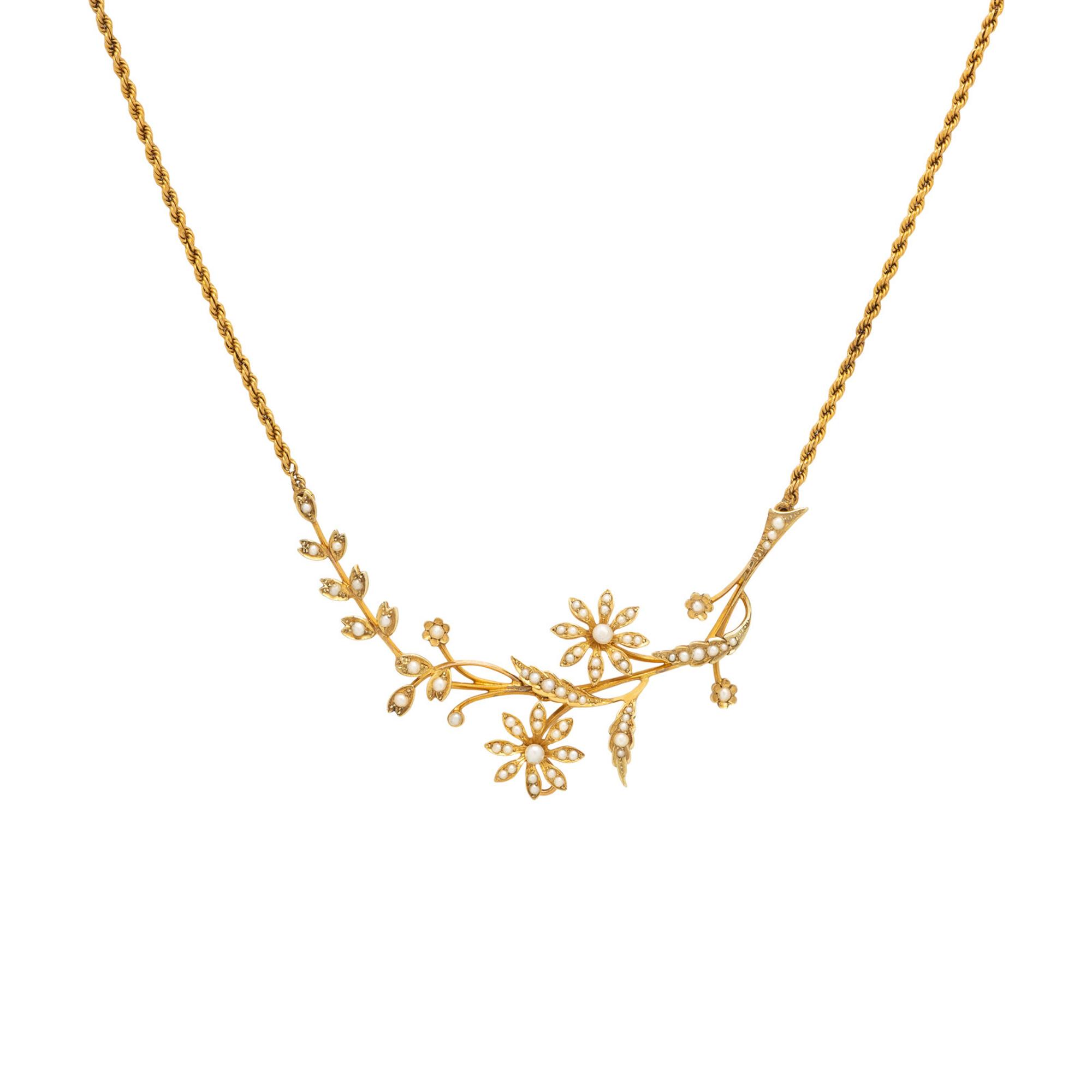 Art Nouveau, Seed Pearl and Yellow Gold Flower Necklace