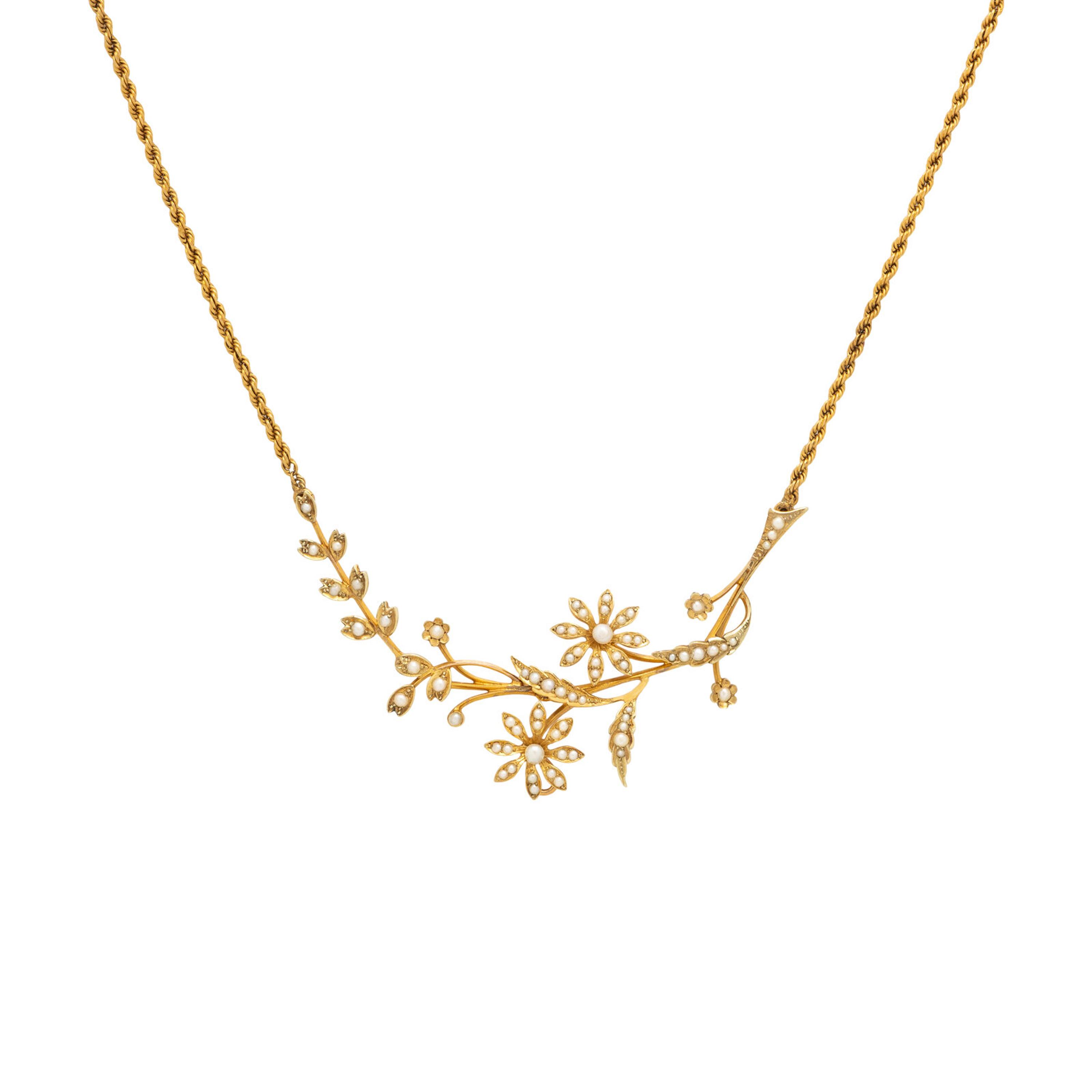 Art Nouveau, Seed Pearl and Yellow Gold Flower Necklace