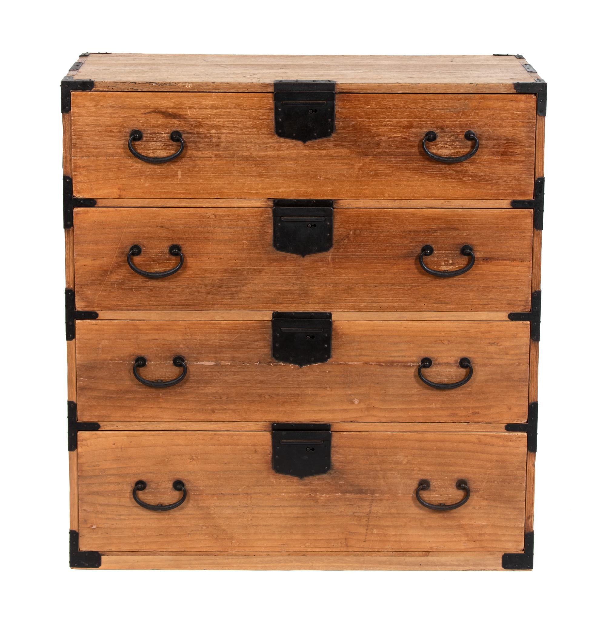 A Campaign Style Pine Chest of Drawers Height 38 x width 26 x depth 16 3/4 inches. — 20TH CENTURY