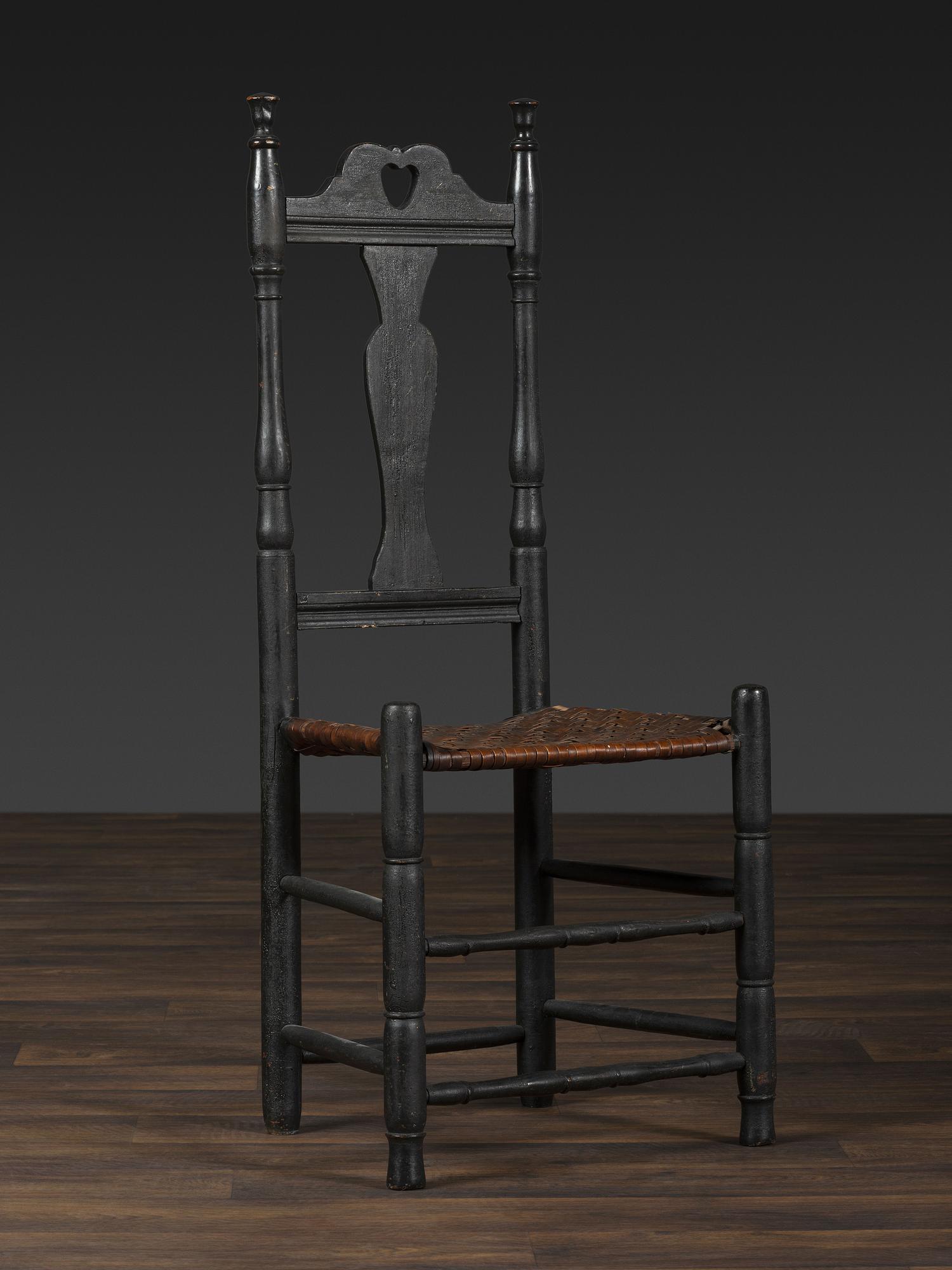 A Queen Anne Black Painted 'Heart and Crown' Splint Seat Side Chair