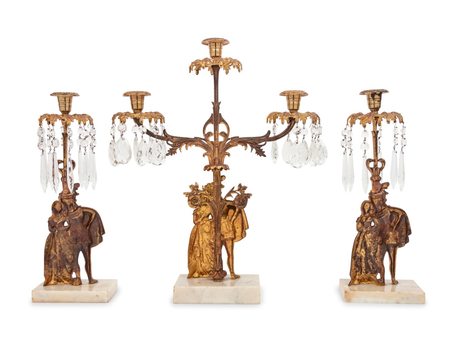 A Victorian Gilt Metal and Marble Three-Piece Garniture
