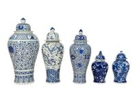 A Collection of Five Export Blue and White Porcelain Articles Including Three Monumental Lidded Urns