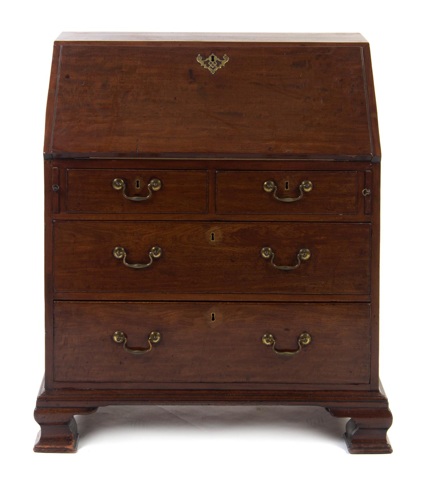 A George III Mahogany Slant Front Bureau, LATE 18TH CENTURY, Height 37 3/4 x width 32 1/2 x depth 18 1/4 inches. — LATE 18TH CENTURY,